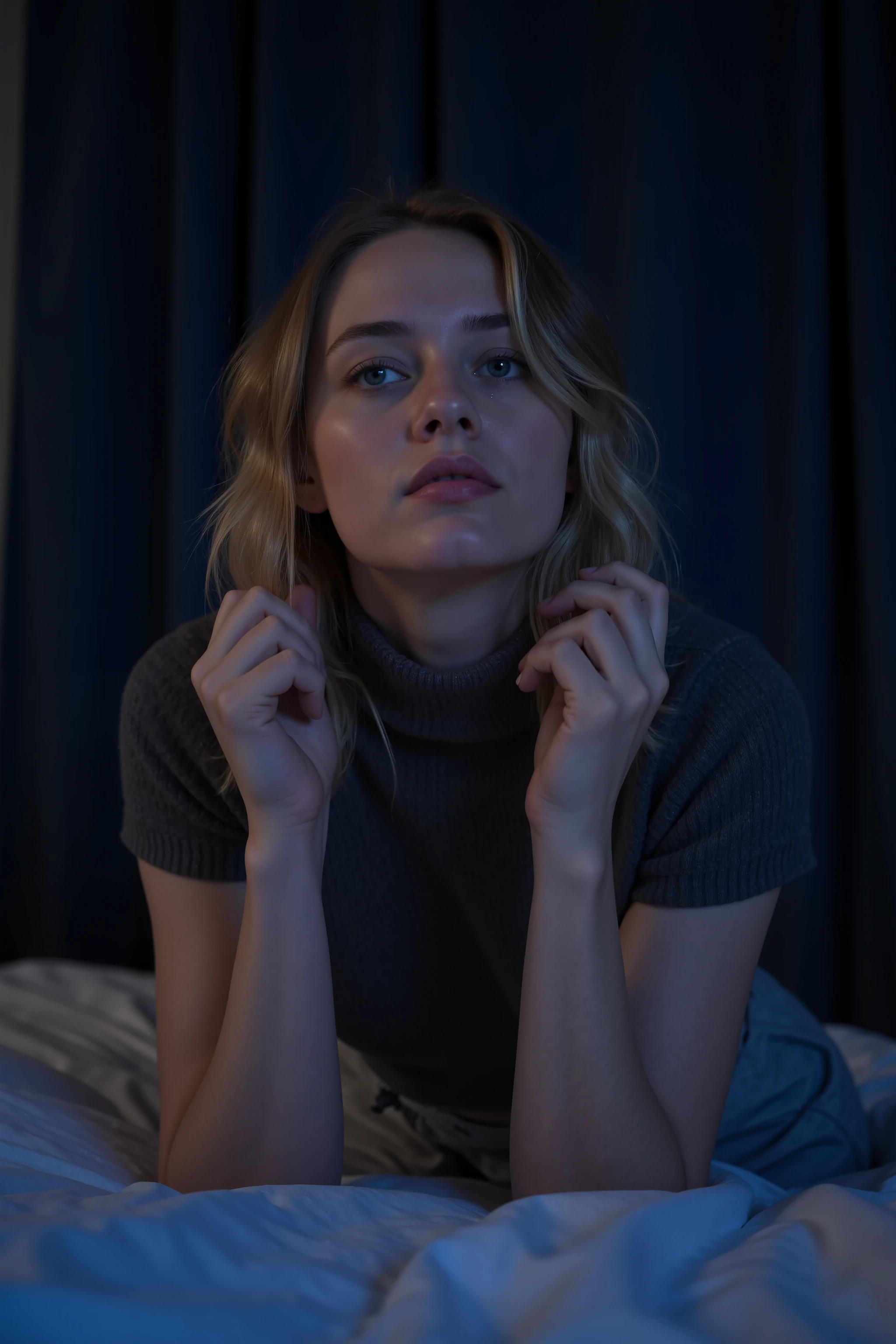 In the dimly lit dorm room, Katie sat alone, fully clothed but with heavy shadows caressing her features, creating a high contrast of light and darkness that enveloped the scene. As she gazed intimately at the viewer, parting her lips slightly to reveal her teeth and the subtle mole near the corner of her mouth, it was as if the rest of the room faded away and all that existed was this intimate connection, intensified by the female focus. A delicate necklace graced her throat, bringing a sense of elegance and femininity into the otherwise stark setting; the atmosphere was one of quiet introspection and serenity as Katie's long, cascading hair flowed gently around her shoulders, perfectly complementing the intimate ambiance of this captivating moment. MissKatie <lora:ggnnin18e785f355co194:1>