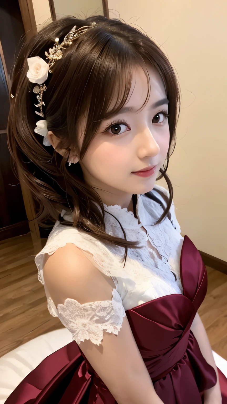 ((natta、Real Light、top-quality、8K images、​masterpiece:1.3))、extremely detailed eye、extra detailed face、high detailed skin texture、Beautiful girl with normal body shape:1.4、(beautiful brown hair:1.Ura white、intricate embroidery wedding dress、Silk、A sexy、constricted hips、gazing at viewer、hyperdetailed face、A detailed eye、Happiness、huge smile、Holding a bouquet of flowers in your hands、wedding hall、florals、