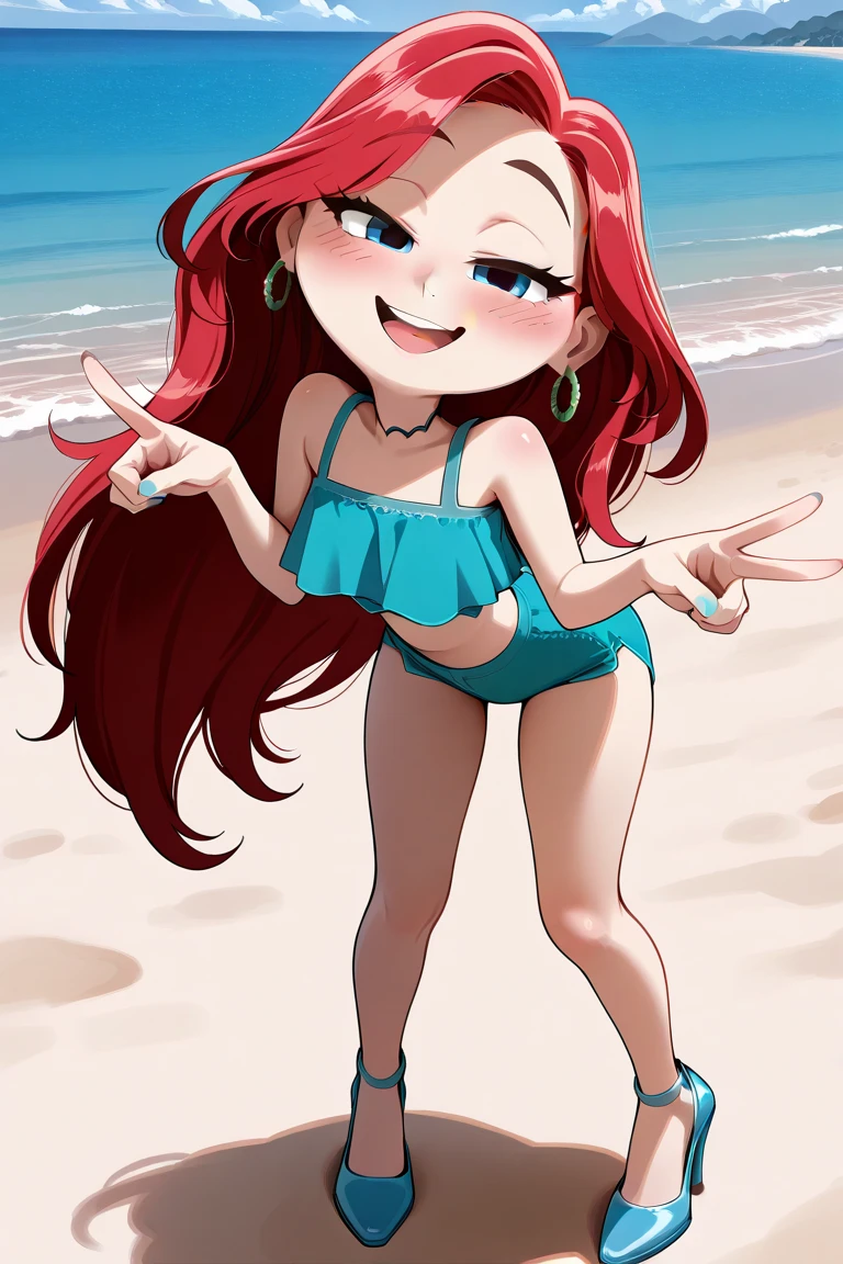 masterpiece,best quality,1girl,princesstoadstool,brown hair,long hair,blue eyes,crown,pink one-piece swimsuit,earrings,looking at viewer,solo,sea,sand,blue sky,tropical island backgroun ,<lora:PrincessToadstool:1>,