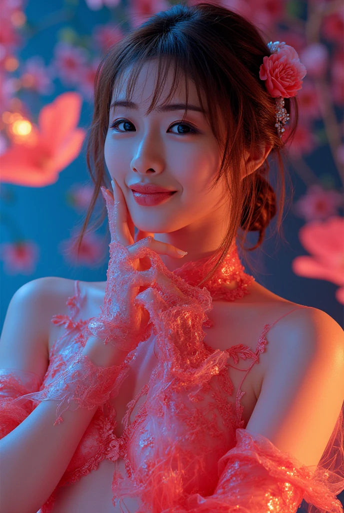 ((masutepiece))、Pitch black room、(Facing the front)、Your face and upper body will fill the entire screen....、Enlarge photo、beautiful female model, ( hight resolution, ultra-detailliert), Backlighting, Bare shoulders, 28 year old、Model Woman, Black background,white  hair,length hair、Red dress、Narrow chest、small tits、 upper dynamic angle,  Smirking expression, light Particle、Close to the camera、 Off shoulder dress, black rose petals,(Looking at the camera)、(Light reflected in the eyes)