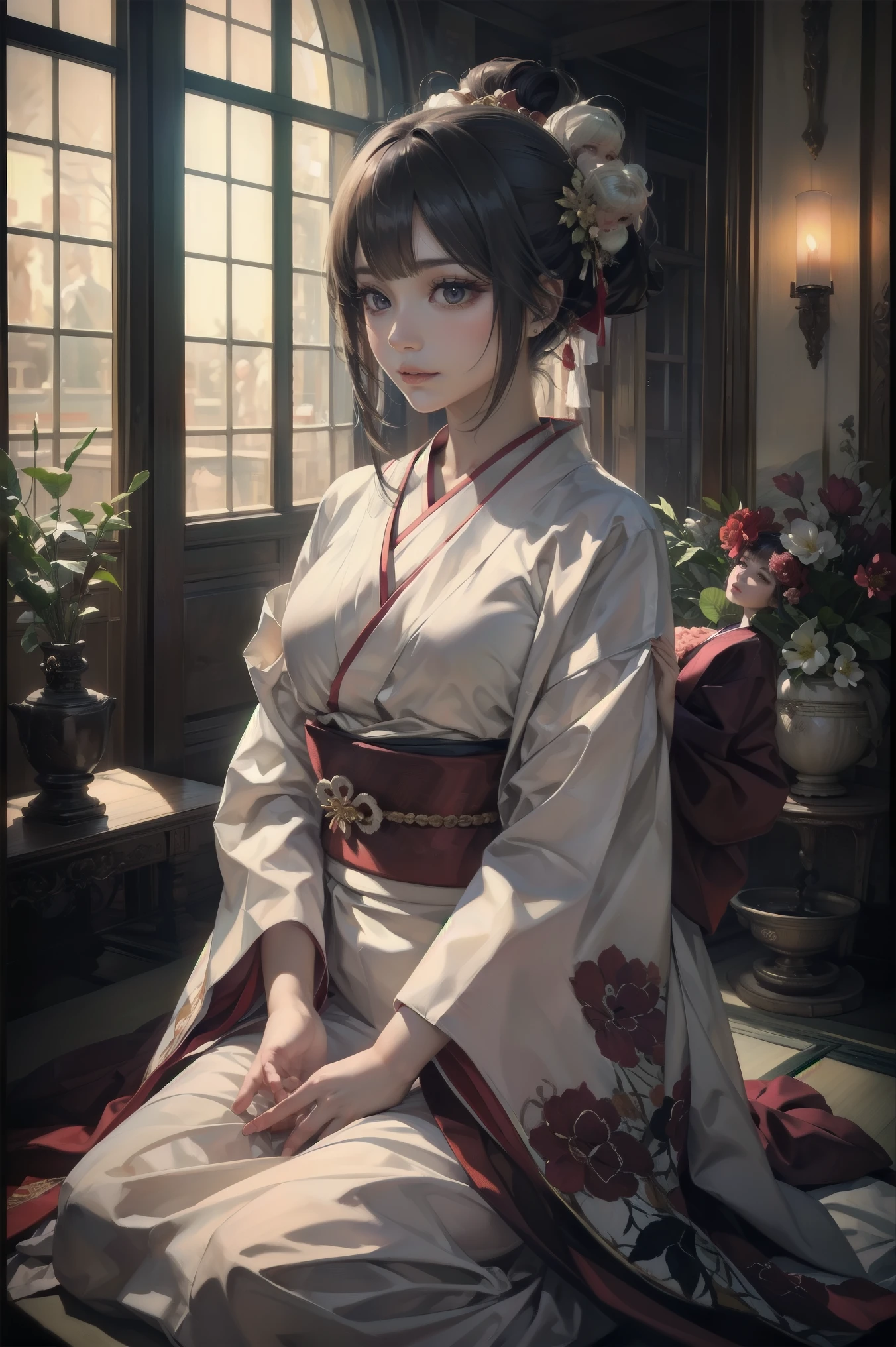is present One Girl, Joining hands in prayer, detailed beautiful ghost girl , I'm wearing a light pink floral kimono, tea hair、 short ponytail 、(Forehead:1.2)、Yamadera in the distance, blunt bangs, Flowing Hair , Attention to Beautiful Details, Kabuki-Style Eye Makeup , beautiful lip detail, detailed facial features, Detailed Hair , detailed skin, Detailed costume, Background of the main hall of a temple in Kyoto, 輝く magic オーラ, mysterious in another dimension, magic , Fantasy , Fantastic, Artistic , vibrant colors, Cinema Lighting, Award-winning, ( best quality, 16k, high resolution, Masterpiece:1.2), ( ultra-realistic , is present:1.37), ( intricate details:1.2), ( the depth of the written border :1.1), very detailed, Cinema Lighting, Warm color scheme, intricate patterns , elegant , elegant , mysterious in another dimension