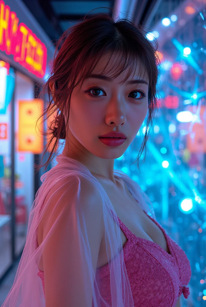 xxmixgirl,1 female detailed face time square detailed background shadow dramatic lighting by Bill Sienkiewicz ( SimplepositiveXLv1:0.7),terumi_mei, naruto_(series), naruto_shippuuden, 1girl, Brownish_Red_Hair, hair_over_one_eye, large_breasts, high ponytail,long_hair, very_long_hair, fishnets, blue_dress,pantyhose,in a city floating in sky,