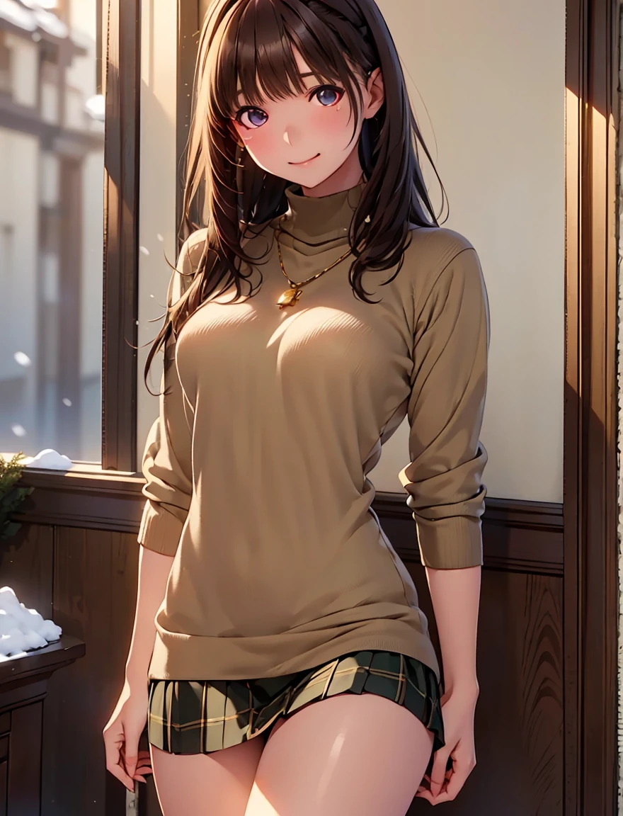 ((masterpiece)), ((best quality)), (ultra-detailed), ((extremely detailed)), 4K, (8K), best quality, (beautiful), anime style, upper body, look up from below, full body focus, in the Photography Studio, a cute girl, 1girl, solo, (Down jacket, turtleneck, Mini skirt), beautiful light brown hair, ((beautiful eyes)), medium hair, buttocks, ashamed, show one's panties,lens flare, shiny-glistening, gleaming