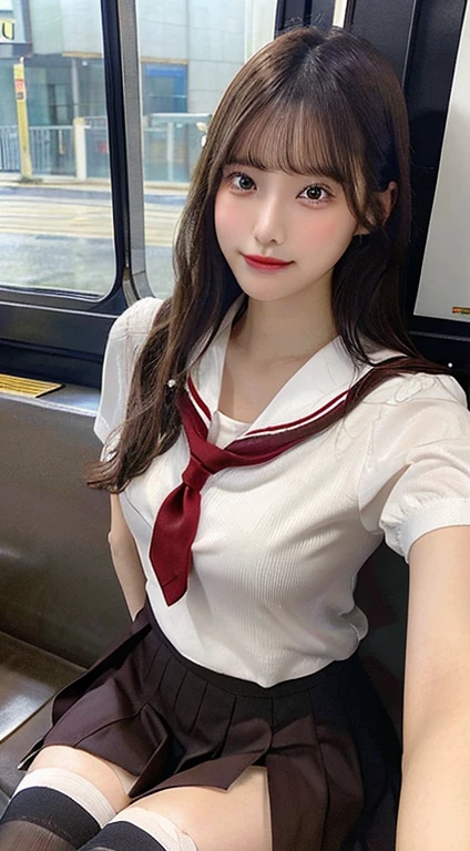 top-quality,ultra-detailliert,masterpiece,realisitic,Photo Real,Bright lighting,1 girl in, an extremely beautiful , (kawaii:1.2),Thin smile, (Brown eyes),(brown haired),(bangss),perfect glossy skin,flawless skin,((erotick,Sexy and sexually explicit)),((accurate hands without incongruity)), large full breasts,big breasts thin waist, Look at viewers,((a sailor suit)),((Short sleeve uniform white shirt)),(red necktie),(Blue Mini Pleated Skirt),(((skirt lift by yourself))),(lifted by self),(Showing panties),panties on,panties focus,((Sit up,spread legswide)), sockes, (Black knee socks),(Loafer shoes), during daytime,On the train,Horizontal long seat with your back to the window