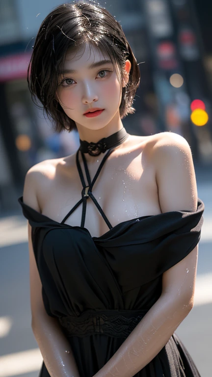 Yoru from chainsaw man, realistic, age 25, pure white skin, brown eyes, long black bob hair, perfect face, perfect size body, large breasts, ultra realistic, black long sleeve dress, 8k hd, detailed, posing to viewer.