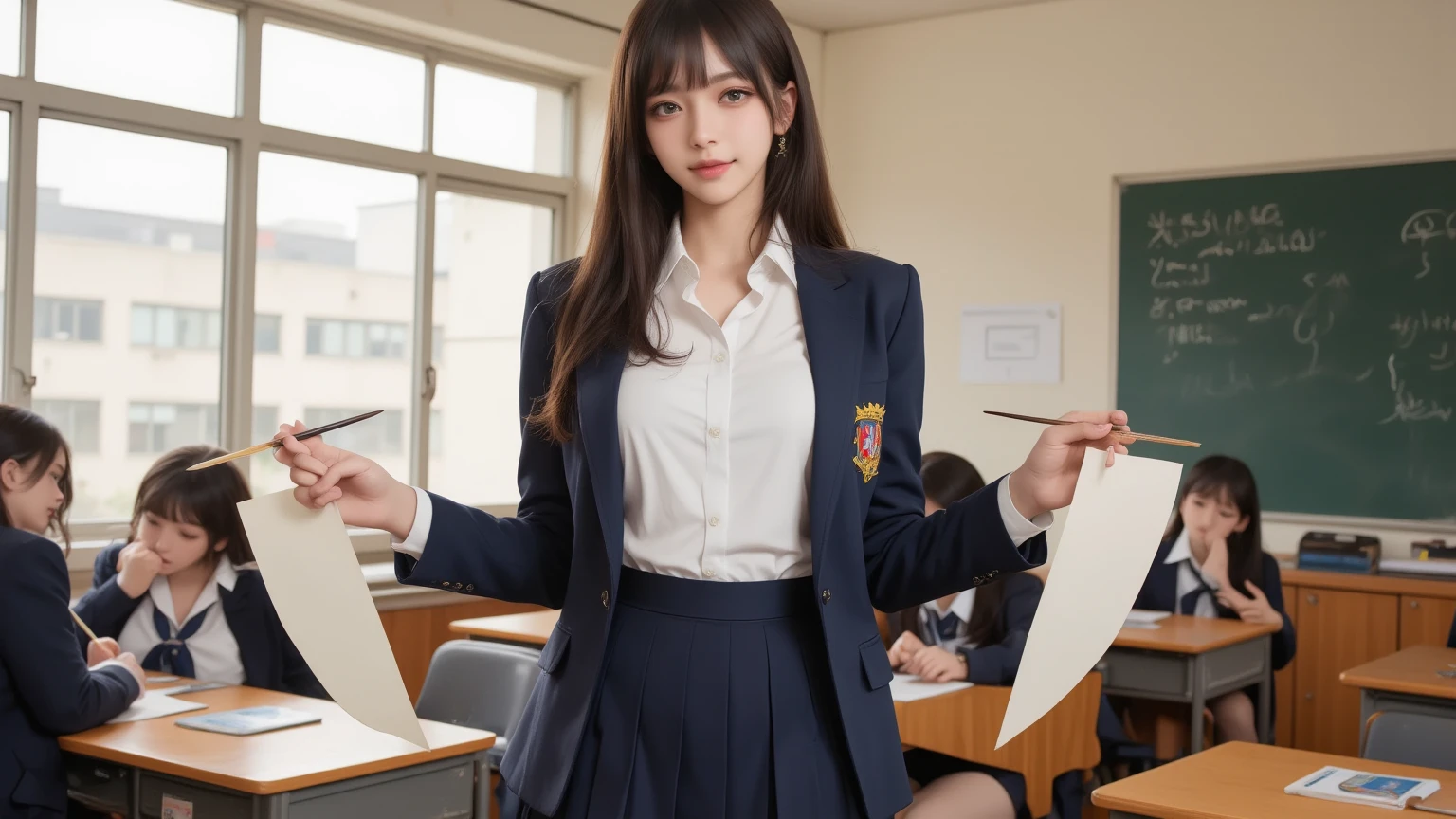 32k,HDR,High resolution,(masterpiece,Highest quality,Realistic,High resolution),Japanese women,18-year-old,uniform,blazer,Jacket,Checked Skirt,Brown Hair,Heavy makeup,Flashy makeup,Dark iron,Red lipstick,(Put your right hand forward),(Point your right hand towards the camera),(Sticking the middle finger up at the audience),Put your middle finger up,fuck,Cute face,Sit on a chair,Sit with your legs wide apart,Navy Blue Skirt,Panties,classroom,Lift up your skirt