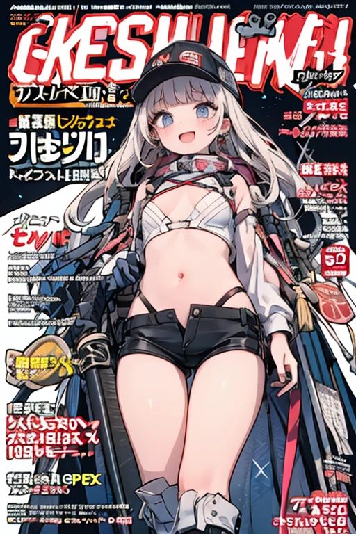 (from below:1.2, best quality ), girl , Platinum color hair , The dreamer wants purplish blue eyes , medium , Lori will do it, (masterpiece:1.2, best quality ), (Beautiful detailed depiction : 1.2), ( beautiful detailed face ), ( small Breasts :1.2), (Pointed Chest:1.1), (fix_hands),(fix_arms),(fix_feet), (fix_fingers),(fix_glasses), ((( HDR,UHD,8K, best quality,masterpiece ))), smile, Masterpiece,  best quality , up to date, (from below:1.2),( Small Breasts :1.2), (Pointed Chest:1.2),(from below:1.2, best quality ), girl  ,  platinum hair artist:[ekrea jan|yoneyama mai|diyokama|say hana|quasarcake],1girl, solo, breasts, looking at viewer, blue eyes, large breasts, black hair, hat, animal ears, cleavage, jewelry, tail, earrings, boots, lying, shorts, indoors, dark skin, black footwear, high heels, dark-skinned female, black headwear, black shorts, on stomach, black nails, baseball cap, high heel boots, BREAK,(best quality, masterpiece, ultra-detailed, illustration:1.2),(8K wallpaper),(beautiful detailed eyes:1.2), beautiful, detailed eyes, soft light, AddXL light steps, intricate colors, vibrant colors, absurdres, very awa open your mouth, (" PGM Ultima Ratio Hecate II "sniper rifle:1.1 and Geek Gaming Magazine Cover :1.3),(with sparkling eyes and a contagious smile), Her thin pubic hair :1.2,  viewers,open mouth, (katana game magazine cover:1.3),(with sparkling eyes and a contagious smile),her thin pubic hair:1.2, looking at viewer