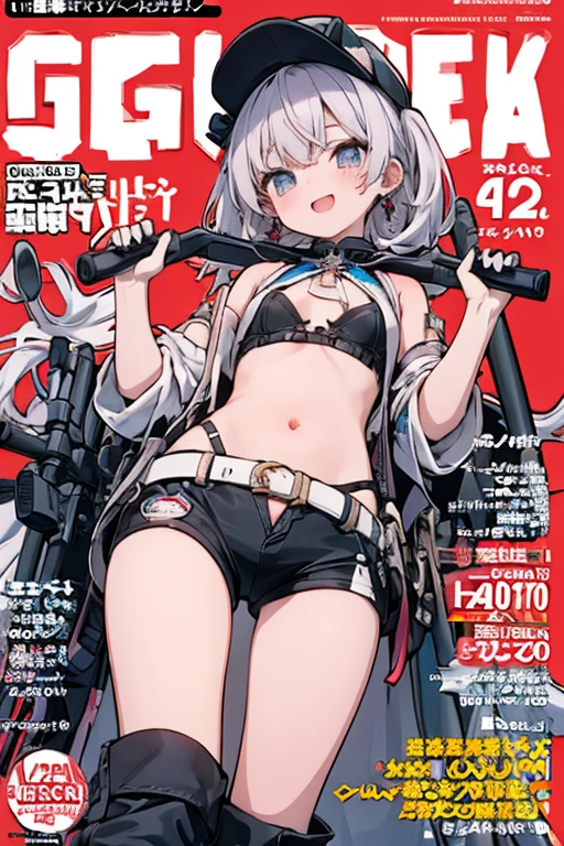(from below:1.2, best quality ), girl , Platinum color hair , The dreamer wants purplish blue eyes , medium , Lori will do it, (masterpiece:1.2, best quality ), (Beautiful detailed depiction : 1.2), ( beautiful detailed face ), ( small Breasts :1.2), (Pointed Chest:1.1), (fix_hands),(fix_arms),(fix_feet), (fix_fingers),(fix_glasses), ((( HDR,UHD,8K, best quality,masterpiece ))), smile, Masterpiece,  best quality , up to date, (from below:1.2),( Small Breasts :1.2), (Pointed Chest:1.2),(from below:1.2, best quality ), girl  ,  platinum hair artist:[ekrea jan|yoneyama mai|diyokama|say hana|quasarcake],1girl, solo, breasts, looking at viewer, blue eyes, large breasts, black hair, hat, animal ears, cleavage, jewelry, tail, earrings, boots, lying, shorts, indoors, dark skin, black footwear, high heels, dark-skinned female, black headwear, black shorts, on stomach, black nails, baseball cap, high heel boots, BREAK,(best quality, masterpiece, ultra-detailed, illustration:1.2),(8K wallpaper),(beautiful detailed eyes:1.2), beautiful, detailed eyes, soft light, AddXL light steps, intricate colors, vibrant colors, absurdres, very awa open your mouth, (" PGM Ultima Ratio Hecate II "sniper rifle:1.1 and Geek Gaming Magazine Cover :1.3),(with sparkling eyes and a contagious smile), Her thin pubic hair :1.2,  viewers,open mouth, (katana game magazine cover:1.3),(with sparkling eyes and a contagious smile),her thin pubic hair:1.2, looking at viewer