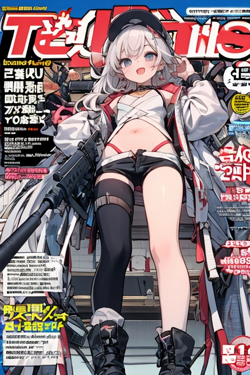 (from below:1.2, best quality ), girl , Platinum color hair , The dreamer wants purplish blue eyes , medium , Lori will do it, (masterpiece:1.2, best quality ), (Beautiful detailed depiction : 1.2), ( beautiful detailed face ), ( small Breasts :1.2), (Pointed Chest:1.1), (fix_hands),(fix_arms),(fix_feet), (fix_fingers),(fix_glasses), ((( HDR,UHD,8K, best quality,masterpiece ))), smile, Masterpiece,  best quality , up to date, (from below:1.2),( Small Breasts :1.2), (Pointed Chest:1.2),(from below:1.2, best quality ), girl  ,  platinum hair artist:[ekrea jan|yoneyama mai|diyokama|say hana|quasarcake],1girl, solo, breasts, looking at viewer, blue eyes, large breasts, black hair, hat, animal ears, cleavage, jewelry, tail, earrings, boots, lying, shorts, indoors, dark skin, black footwear, high heels, dark-skinned female, black headwear, black shorts, on stomach, black nails, baseball cap, high heel boots, BREAK,(best quality, masterpiece, ultra-detailed, illustration:1.2),(8K wallpaper),(beautiful detailed eyes:1.2), beautiful, detailed eyes, soft light, AddXL light steps, intricate colors, vibrant colors, absurdres, very awa open your mouth, (" PGM Ultima Ratio Hecate II "sniper rifle:1.1 and Geek Gaming Magazine Cover :1.3),(with sparkling eyes and a contagious smile), Her thin pubic hair :1.2,  viewers,open mouth, (katana game magazine cover:1.3),(with sparkling eyes and a contagious smile),her thin pubic hair:1.2, looking at viewer