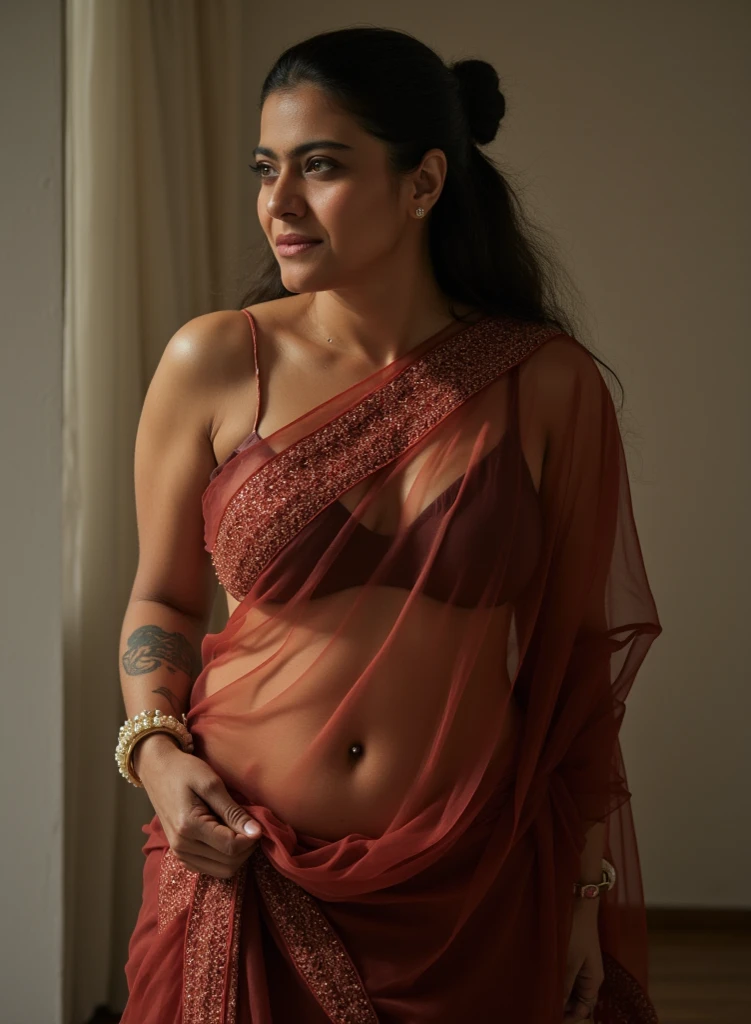 Realistic photo palki sharma , slim, wearing  sexy red colour indian saree ,nipple and breast revealing blouse and backless saree . ,necklace.. Sindoor, uncensored, standing with one leg slightly bent, hand on her hip, and a sultry gaze over her shoulder and a seductive smile, curvy, hourglass figure, natural breasts, deep cleavage, in vibrant, lively setting. (cinematic:1.3), intricate details, (ArtStation:1.2)