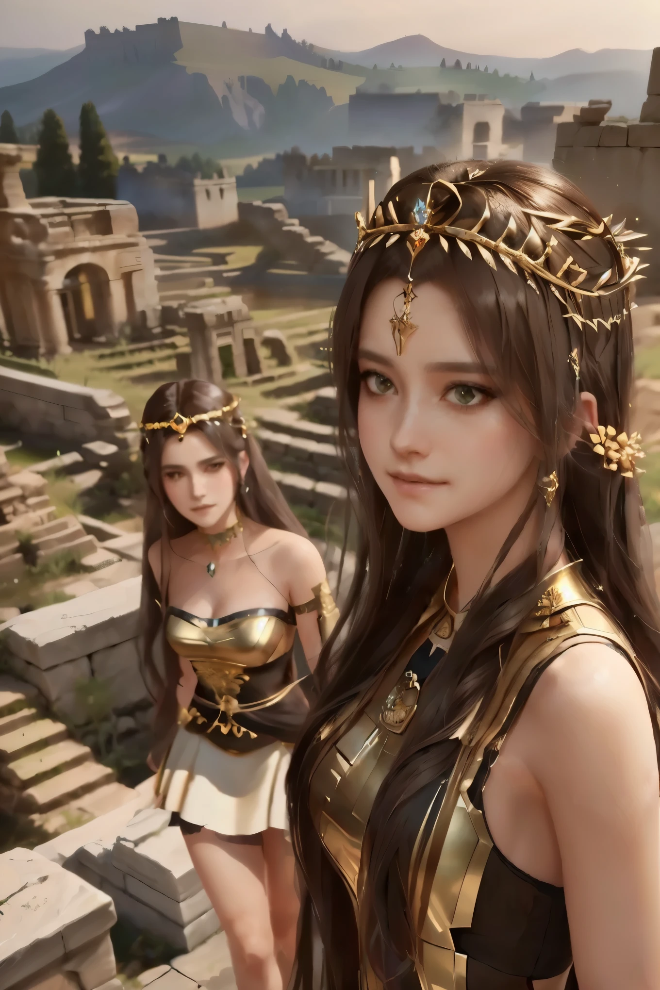 a close up of two women in costumes standing near a stone wall, a beautiful fantasy empress, trending on cgstation, artwork in the style of guweiz, ruan jia and artgerm, 8k high quality detailed art, wlop and sakimichan, game cg, 2. 5 d cgi anime fantasy artwork, ((a beautiful fantasy empress))