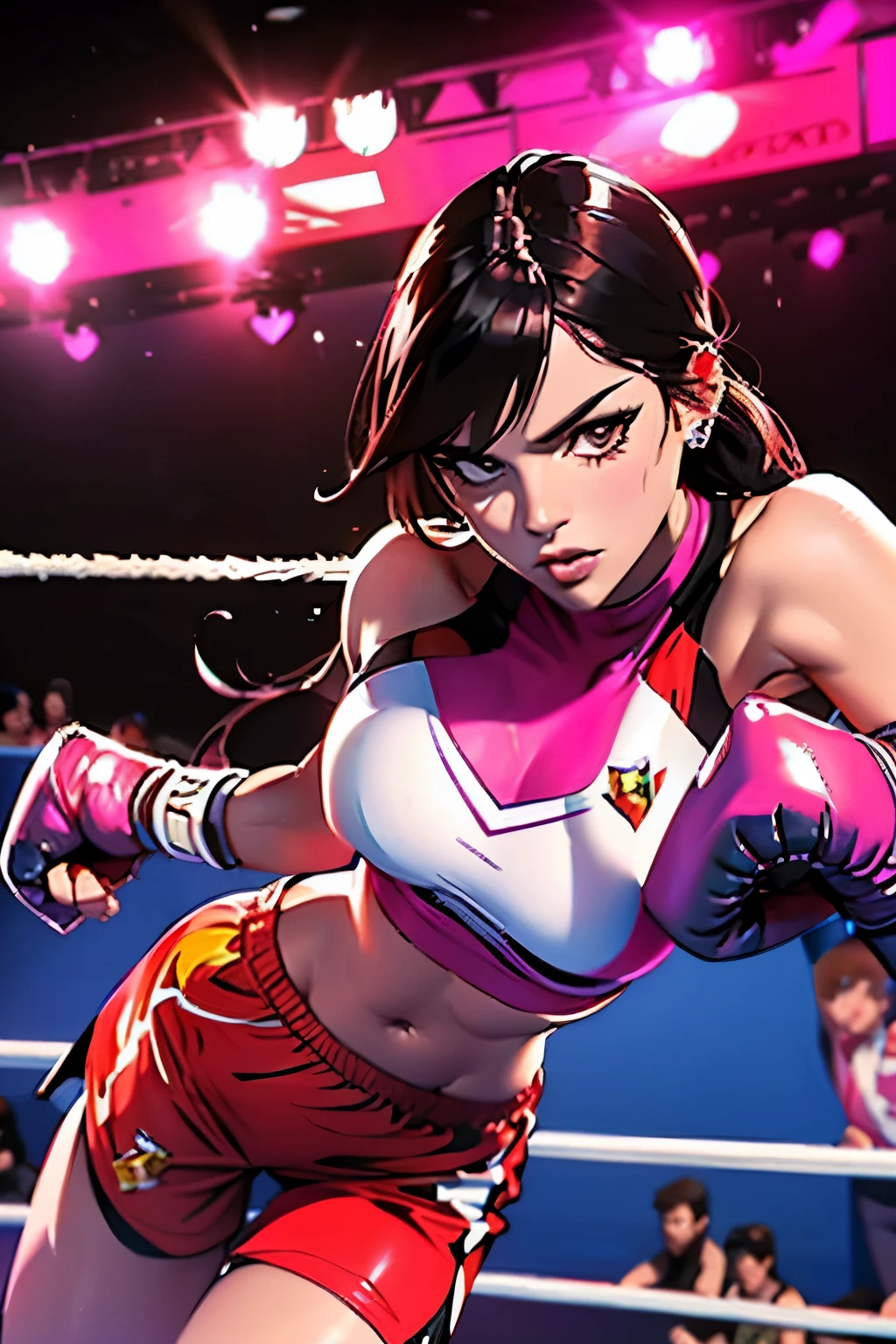  full-length photo  .  Beautiful woman . 28 years old . Romanian  .  Height 173 centimeters .  chest size 4  .  black hair .  brown eyes . Wearing a training uniform . Boxing match against another woman .