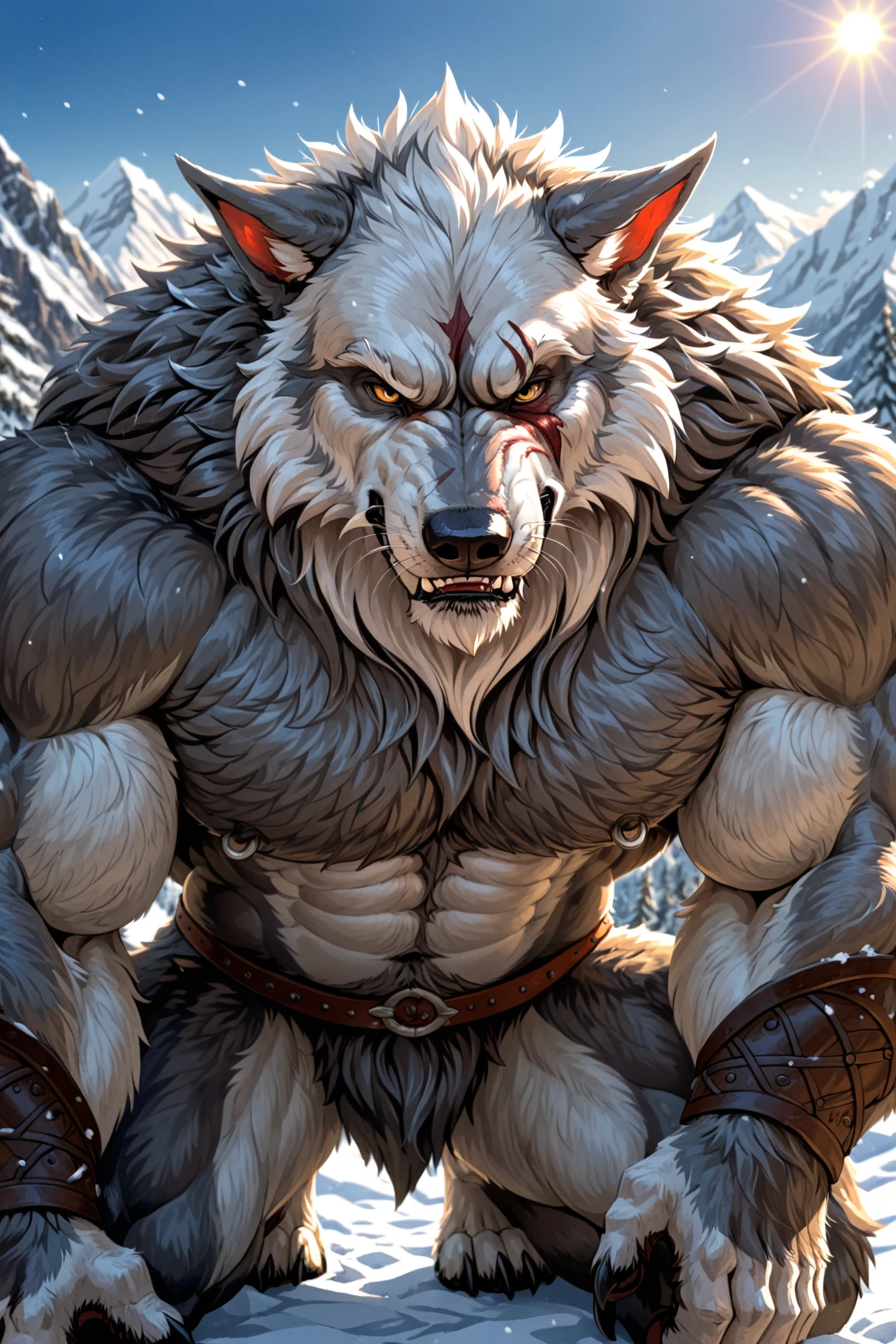head、Animal cat face、A pair of dragon horns，muscle，Fluffy white hair all over the body、Heavy breathing、Gnashing of teeth,Serious expression,Fluffy belly、Fat on loincloth、Wild Cat、blue eyes，(Front view）The whole body is covered with long white hair、Hairy body、Long and thick armpit hair、Fangs、4K，Black and white photo tree background，Snow Scene，Sharp claws、