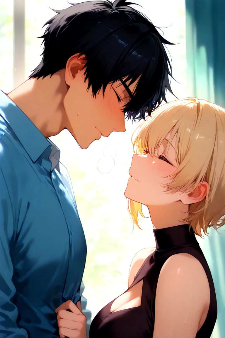source_anime, rating_explicit, score_9, score_8_up, score_7_up, 1boy, twink, femboy, portrait, indoors, medium length hair, brown skinned male, hair over eyes, ((brown skin)), browm boy, boy, messy hair, ikuchan, black hair, masterpiece, high-quality, BREAK, 1girl, female, white skinned, light skinned male, dominant light skinned female, kissing, femdom, large white female, ((size difference)), lumine, genshin impact, duo, Heterosexual