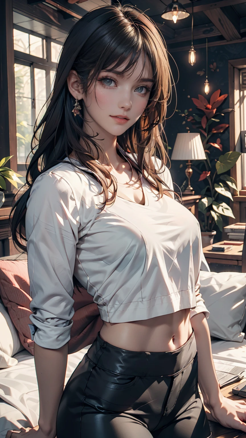 ((masterpiece, Best Quality, high resolution, 8K)), 20yo attractive female, Solo, Beautie、cowboy shot、 ((long Wave Hair, Bangs, Brown hair)), ((slit eyes, Beautiful eyelashes, Realistic eyes)), ((natural makeup, watery lip, Detailed face, Blushing:1.2)), ((Smooth texture:0.75, Realistic texture:0.65, Photorealistic:1.1)), medium breasts, Perfect body, ((taking off unbuttoned casual clothes, White business shirt, Black tight skirt、、bare foot:1.3)), bedroom without people、Sit on a couch、Lower angle, taking foot off、early evening、Very embarrassing smile、(Lift the skirt with your right hand、Open both legs、Open your knees wide、Light blue floral lace panties)、、(Cute floral bra)、Angle from below