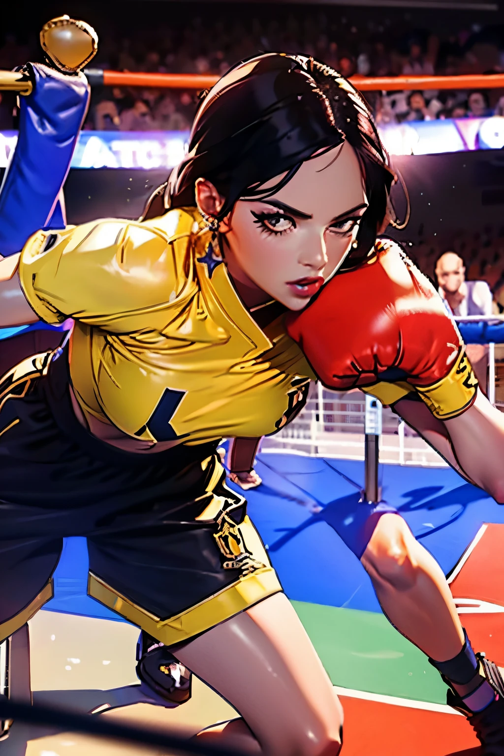 full-length photo . Beautiful woman . 28 years old . Romanian . Height 173 centimeters . chest size 4 . black hair . brown eyes . Wearing a training uniform . Boxing match against another woman .