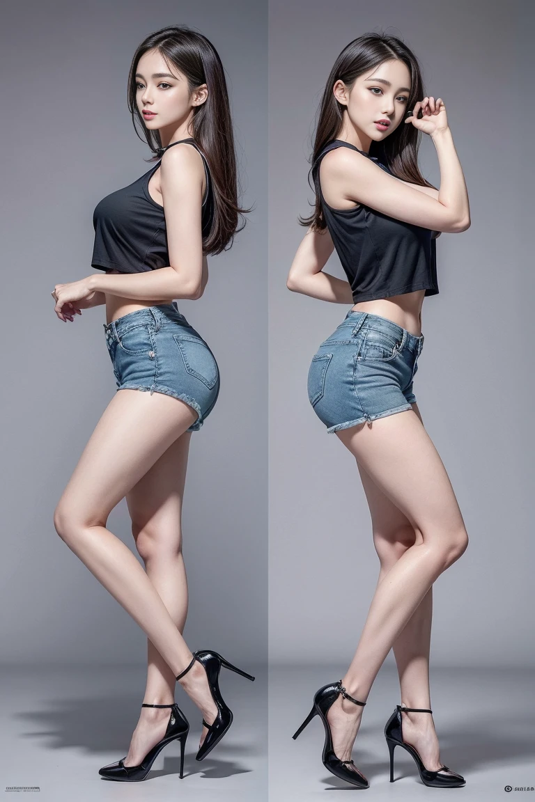 masterpiece, bset quality, realistic, 1 girl, two views, ass view and front view, (PureErosFace_V1:0.7), (8k, best quality), look at the viewer, black underwear, open mouth, wet white clothes, full body, high heels, Fox Ears, puffy nipple