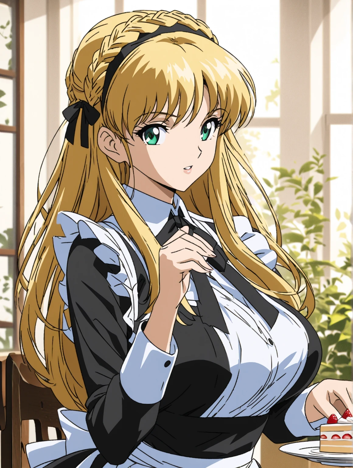 score 9 、score 8 up、score 7 up、source anime、masterpiece、 best quality、 high resolution、 1girl 、anime girl with a cup of coffee and a cake、alone、change in dress、( Maid ) girl 、portrait of changeta、Blonde、 long hair、 green eyes、french braid、crown braid、Classic girl 、 beautiful anime girl sitting on a chair、 Colored Sketch Anime Manga Panel、 2000s Anime Art Style 、Big Breasts、 big breasts、Seductive anime girl in blue maid outfit 、white pantyhose、change、Classy atmosphere 、slender body、Manga Painting 、 Long Sleeve、 Official Fanart、 HD FAN ART 、 in Bowwater art style、anime girl in a maid costume、Alluring anime girl 、Anime Drawings、looking at viewer、 Cowboy Shot 、Girl Focus 、High quality color sketch、 anime Moe art style 、Wear nice clothes 、(anime girl )、 beautiful anime portrait、an anime girl 、pretty anime girl 、beautiful anime girl 、 created by Anime Painter Studio、Anime dick!!!!、Painted in an anime artist's studio、 Realistic Anime Art Style 、 digital animation art!!、