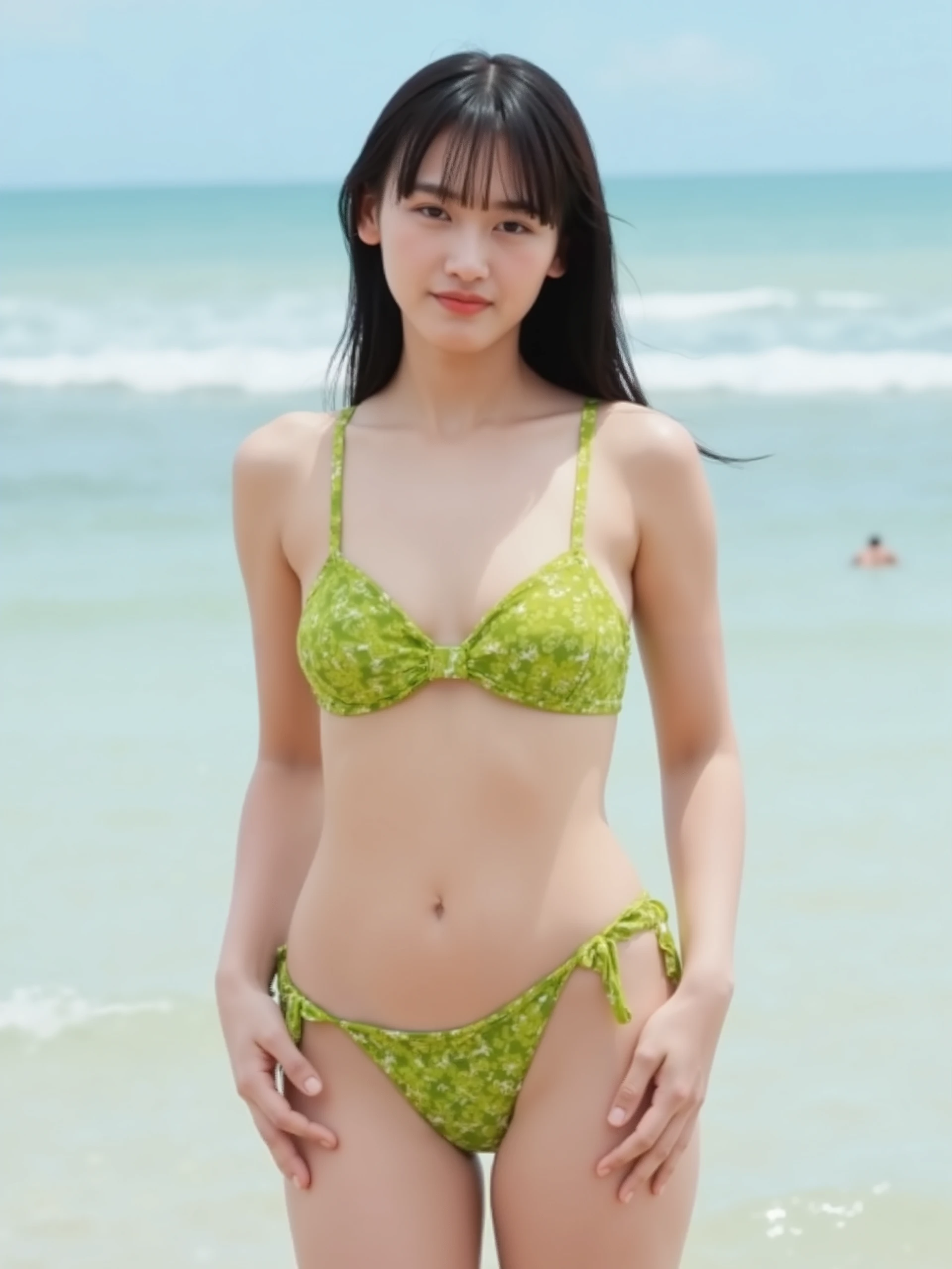最high quality、high quality、best image quality、8K、最High resolution、High resolution、最high quality、masterpiece、Raw photo、whole body写真、Realistic human body in every detail、Realistic skin in every detail、Realistic face in every detail、Realistic eyes down to the details、Realistic lips in every detail、Realistic teeth in every detail、Realistic ears down to the last detail、Realistic hair down to the last detail、Realistic arms down to the last detail、Realistic reproduction of every detail、Realistic fingers in every detail、(fine hands、thumb１reference４)、Realistic feet in every detail、Realistic feet in every detail、Realistic breasts down to the last detail、((beautiful japanese girl))、(japanese model), (japanese woman)、((18 year old beautiful girl))、(black hair)、(random hairstyle)、((whole body))、((beautiful upturned chest))、(slim and perfect body)、(whole body光沢肌、Fair skin)、Detailed and realistic human body、detailed realistic skin、detailed realistic face、detailed realistic arms、detailed realistic fingers、Detailed realistic feet、detailed realistic breasts、soft natural light、tropical country、resort beach、crystal clear sea、Wave、高いWave、Sandy coast、((Sandy coastを歩く(You can see the beautiful sea in the background))、((See-through when wet(tropical print bandeau bikini))、(sweat dripping from the skin)、((tropical print bandeau bikiniが濡れて肌に密着して張り付く))、((濡れたtropical print bandeau bikiniの上からでもボディラインがはっきりとわかる))、sexy pose、angle from below