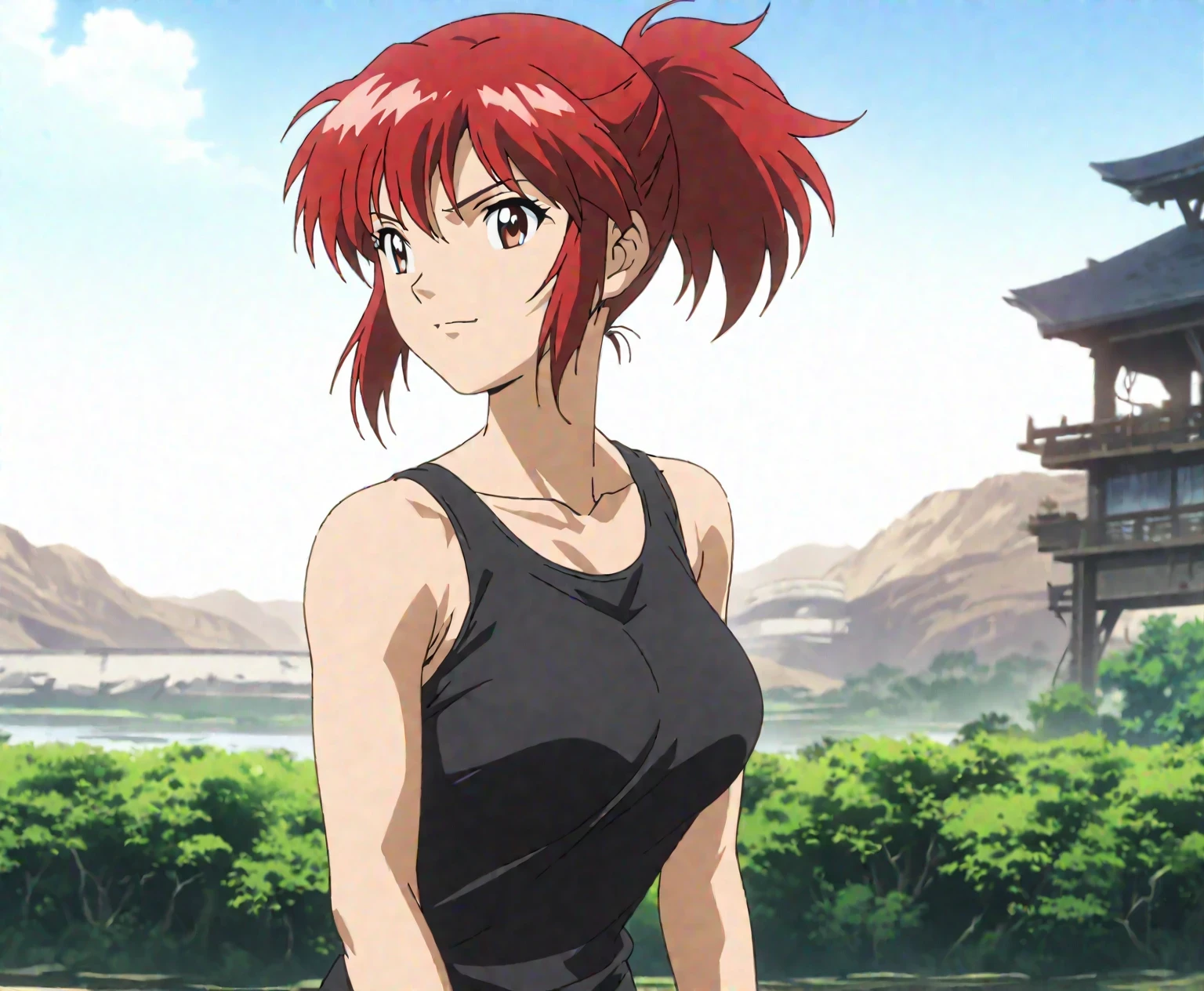 score 9 , score 8 up, score 7 up, source anime, masterpiece, best quality, high resolution, 1girl , red hairのアニメの girl , alone, Classic girl , vibrant , girl , created by anime Painter Studio, Handsome, Girl Romance , Brave, anime style , official fanart , ponytail, Short Hair, red hair, with a faint smile, bangs, brown eyes, visual novel , High definition fanart , Colored Sketch anime manga Panel, Muscular Girl , 2000s anime Art Style , Big Breasts, collarbone, big breasts, anime/manga, Painted in an anime artist's studio, In anime style, feminine and muscular, fanart, clothing: Black Tank Top , girl wearing denim shorts , anime dick!!!!, skin tight tank top, Bare shoulders, Painted in an anime artist's studio, plain tank top, Realistic anime Art Style , digital animation art!!, basic tank top, Bare shoulders, Bare Arms, in Bowwater art style, Alluring anime girl , anime Drawings, looking at viewer, Cowboy Shot , girl focus, standing, outdoors, tomboy atmosphere, a manly girl, boyish atmosphere,