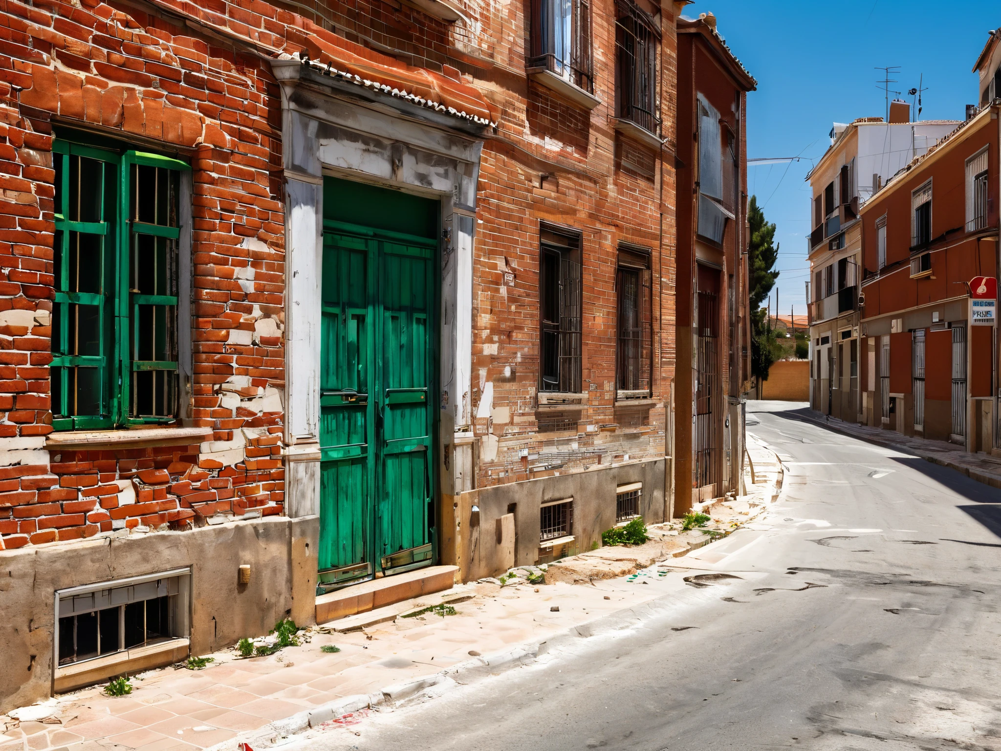 the portal of a dirty and dilapidated block of red brick houses with chipped and painted walls on a very dirty and deteriorated street in a suburb of Madrid on a hot summer day