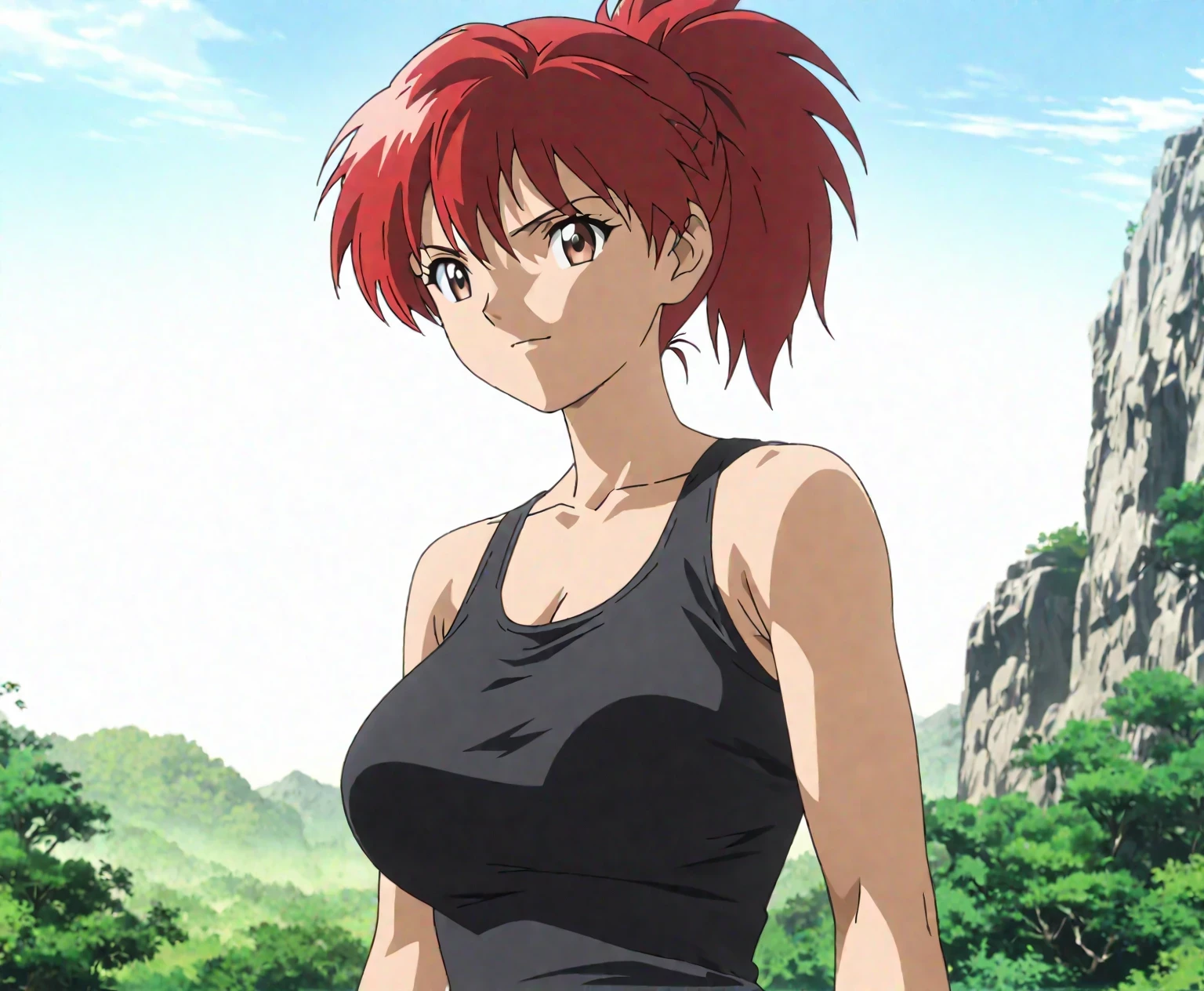 score 9 , score 8 up, score 7 up, source anime, masterpiece,  best quality,  high resolution,   1girl  ,  red hairのアニメの girl , alone, Classic girl ,  vibrant ,  girl ,  created by anime Painter Studio, Handsome,  Girl Romance , Brave,  anime style ,  official fanart ,  ponytail, Short Hair,  red hair,  with a faint smile, bangs,  brown eyes,  visual novel , High definition fanart ,  Colored Sketch anime manga Panel, Muscular Girl  ,  2000s anime Art Style , Big Breasts, collarbone,  big breasts, anime/manga, Painted in an anime artist&#39;s studio, In anime style, feminine and muscular,  fanart, clothing: Black Tank Top ,  girl wearing denim shorts , anime dick!!!!,  skin tight tank top, Bare shoulders, Painted in an anime artist&#39;s studio, plain tank top,  Realistic anime Art Style ,  digital animation art!!, basic tank top, Bare shoulders, Bare Arms,  in Bowwater art style, Alluring anime girl , anime Drawings, looking at viewer,  Cowboy Shot , girl focus, standing, outdoors, tomboy atmosphere, a manly girl, boyish atmosphere,