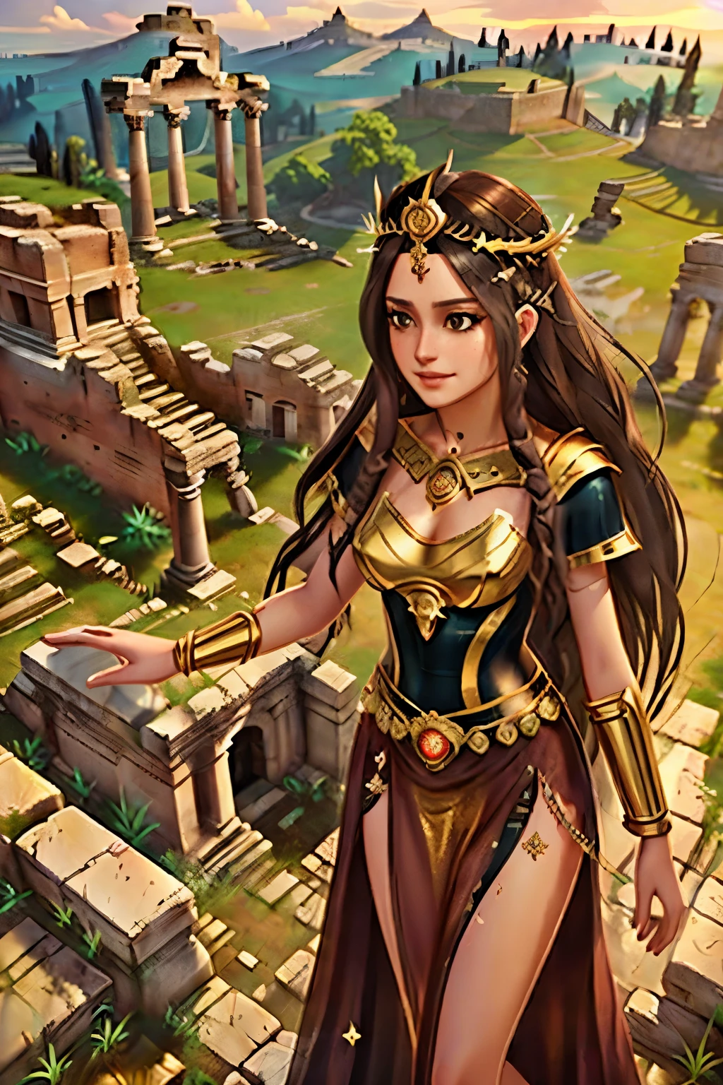 a woman with a golden headdress is standing on a stone platform, ancient roman princess, a beautiful fantasy empress, girl in roman ruins, render by unreal engine + a goddess, artgerm; unreal engine 3d, anime goddess, detailed render by unreal engine 5, quality by unreal engine 5, the goddess artemis smiling, latin goddess venus, dramatic render by unreal engine 5