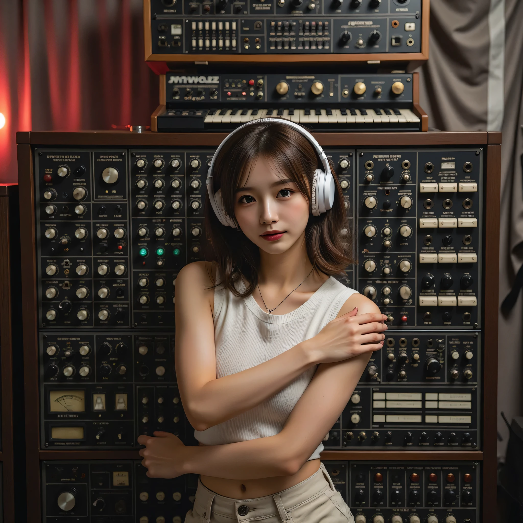 perfect composition, Proper placement, golden ratio , masterpiece, people, From the front, front view :1.331, 1 beautiful Japanese woman , detailed face , detailed eyes on board , exact anatomical proportions :1.331, small-headed :1.331, slender figure:1.331, Thin waist:1.331, chi gầy :1.331, cross your arms, looking at the viewer , brown hair, wavy hair , big headphones for women :1.331, white tight-fitting top :1.21, cargo pants with studs :1.21, The background is an old synthesizer all over the wall:1.331, ( moog modular synthetic :1.331), upper body, transparent iridescent shading art overlay, in a dark room , Partial Lighting ,