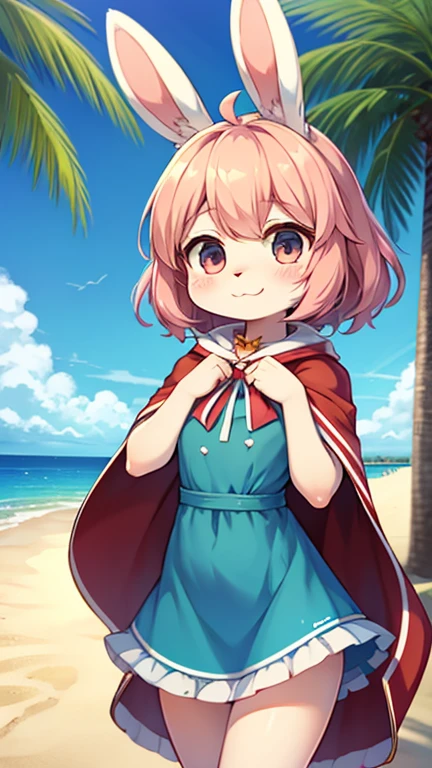 A high resolution, depth of fields, tmasterpiece, Best quality, Seafront,Shawl hair, Alone, looking at viewert, irate,shaggy,Red Fox,cute big breasts,bit girl,Brown hair,Pupils in pink color,bathing suit
