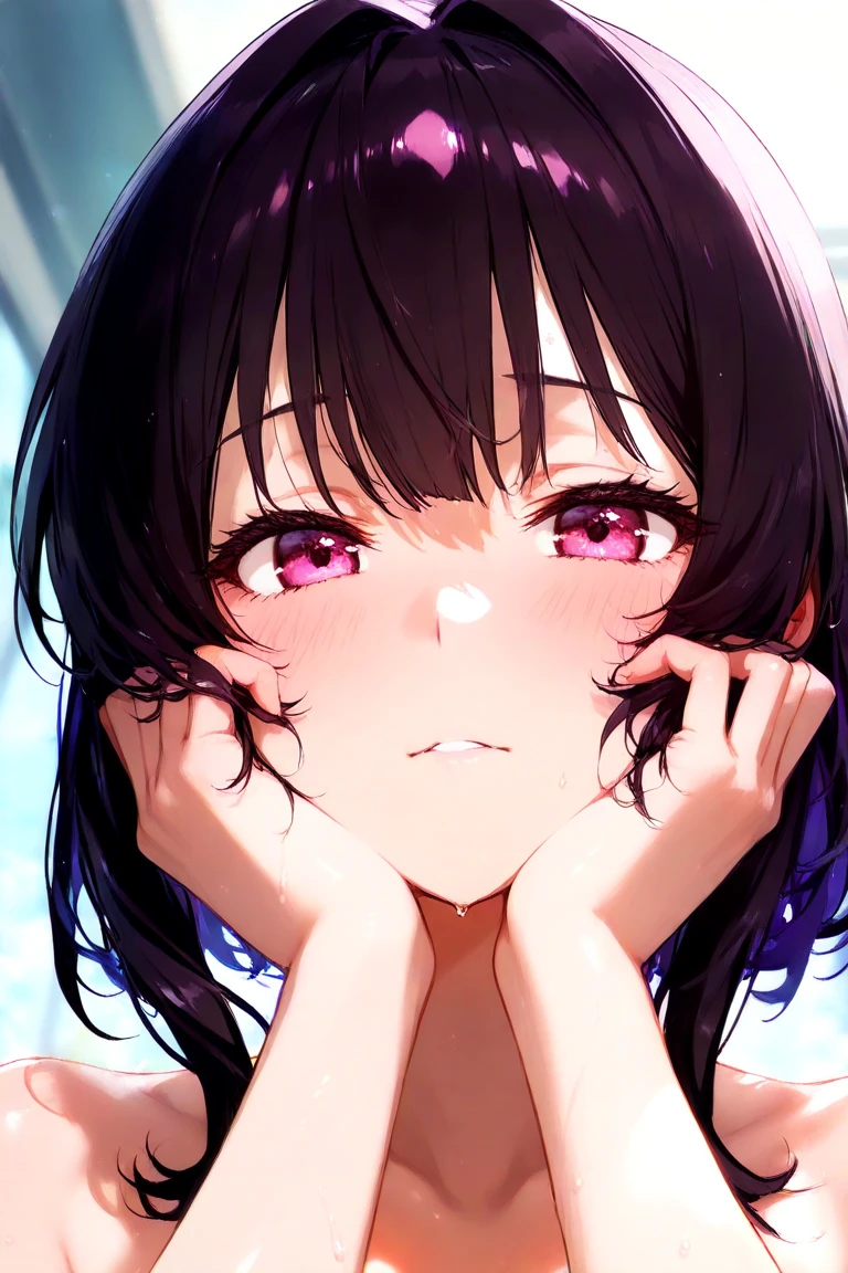 A girl with erect nipples, black short bob hair, small breasts and pale pubic hair is crying and unwillingly on a train while being forced to hold his penis by a molester.