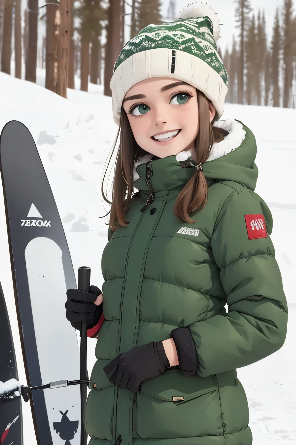 brown hair very dark green eyes beautiful girl, on a ski slope getting ready to go down a snowy slope, smile, very happy, happy moments. winter clothes as a skier, beautiful winter landscape