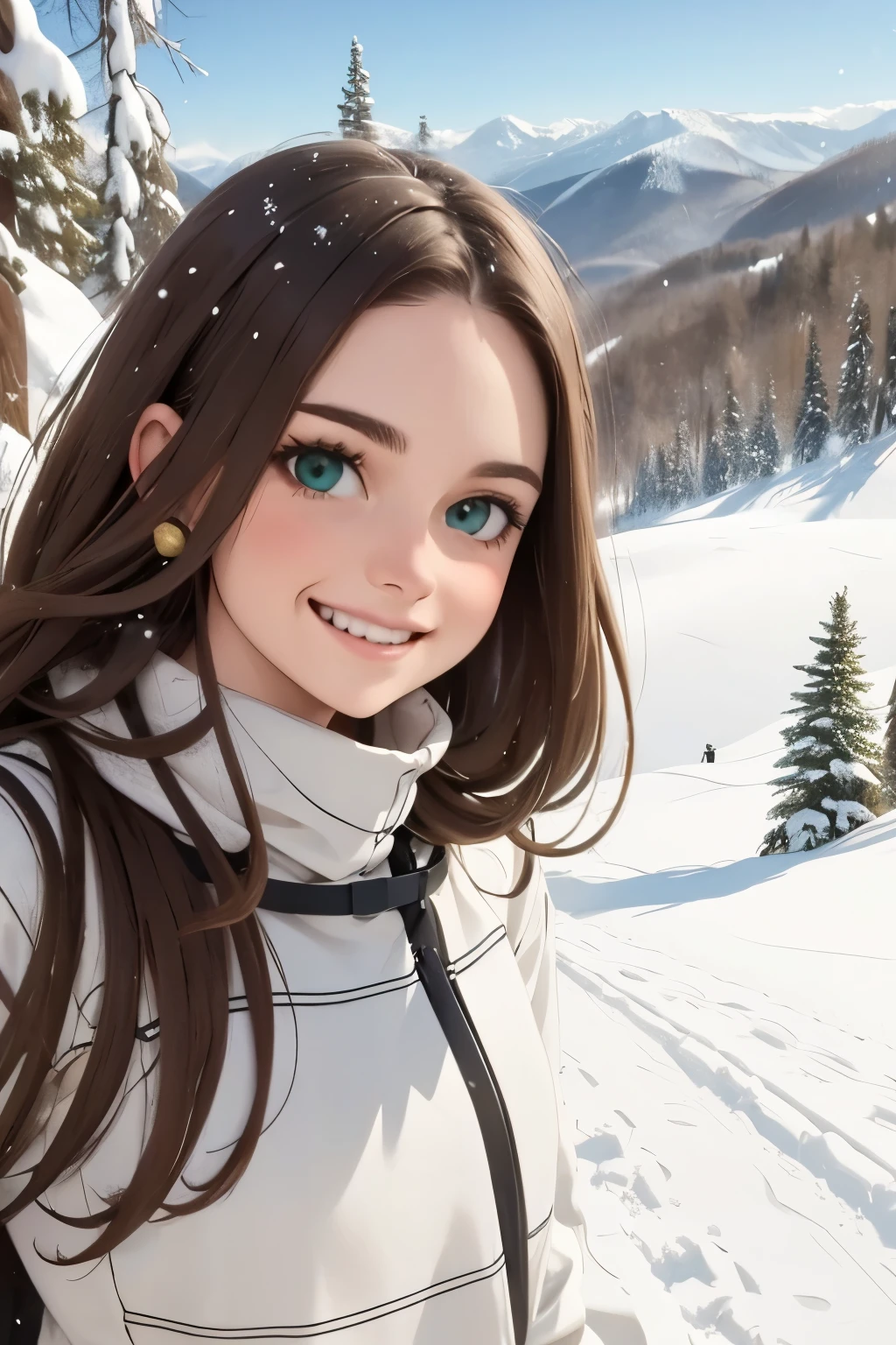 brown hair very dark green eyes beautiful girl, on a ski slope getting ready to go down a snowy slope, smile, very happy, happy moments. winter clothes as a skier, beautiful winter landscape
