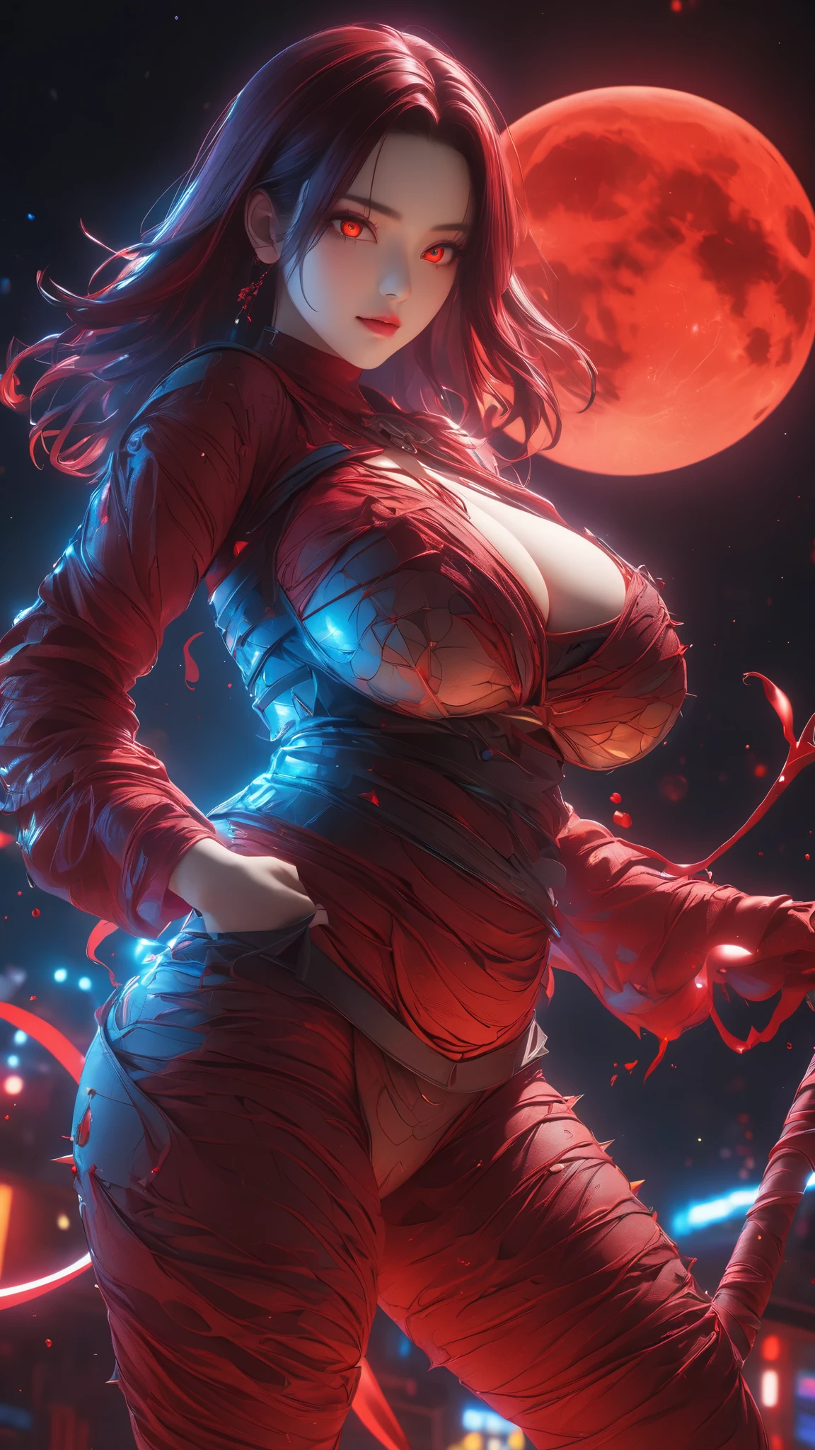 woman、Red mummy man, Blood Moon, ray tracing, Masterpiece,ultimate、 top quality , Super high quality , Unconventional細部, best light, sharp, sharp image,, Details, extremely Details, high resolution, 16k, 超 high resolution, particle effect , Beautiful Effects, bright color , neon light, neon, light, close-up、 super huge breasts :1.5 、 whiplump ass:1.2、Extra thin waist :1.5、 ultra-realistic textured face and skin、 Long Sleeve、spike、 Photorealistic、Original photo、 glowing eyes、Unconventional、