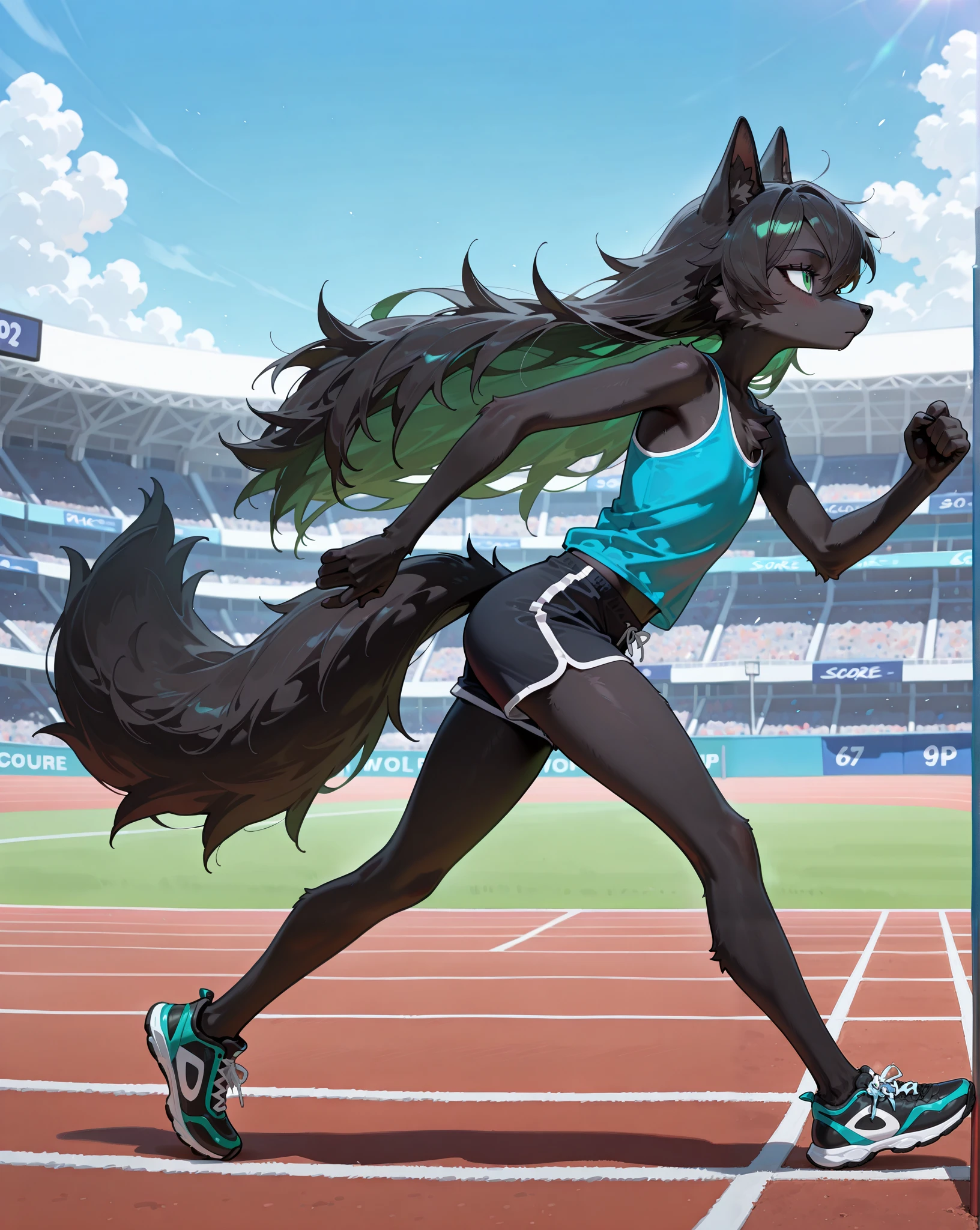 masterpiece quality, (from side:1.1), (solo, 1 female wolf anthro), (dark black fur:1.25), perfect anatomy, medium long hair, green eyes, adult, dignified, cool, boyish, beautiful, fluffy, furry features, tall, full body, (flat chest, slender), (sky blue tank top, black shorts, deep blue running shoes), at stadium, running, on track course