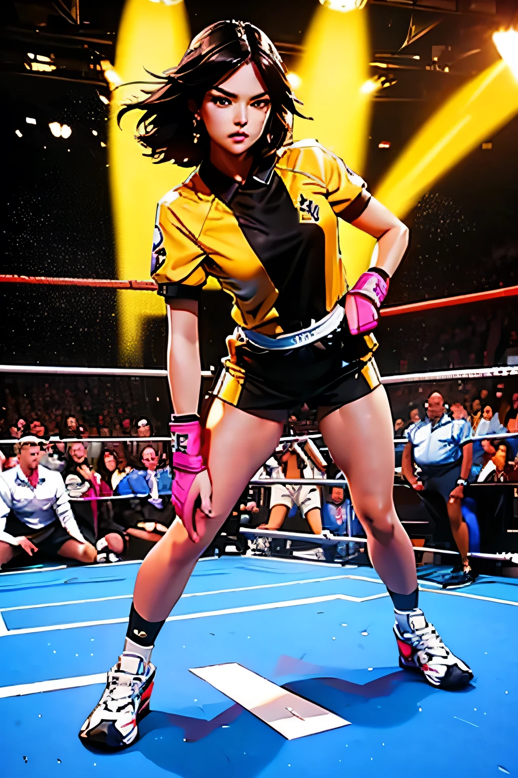 WWE on the boxing ring, (Many viewers:1.3) , (A female presenter wearing a suit, holding a microphone on stage.:1.3) ,