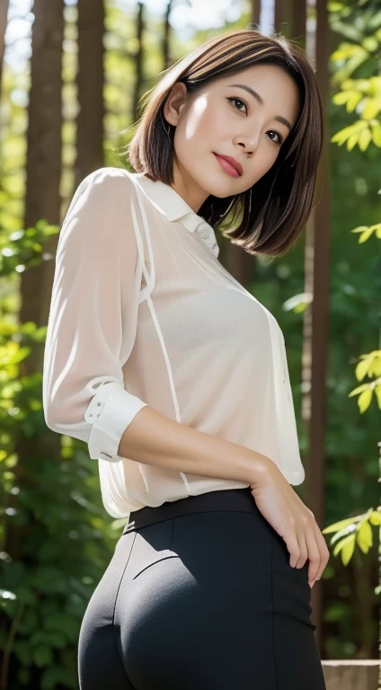 (Best Quality, masutepiece, Ultra HD: 1.3, High brightness, High color saturation), 1girl in, (middlebreasts), light brown hair, Asymmetrical hair, straight haired, Long hair, ( slender body shape, Constricted waist), (Ultra Fine Face), Delicate lips, (beautidful eyes), thin blush, eyes are brown, perfect glossy skin, View here, Smiling smile, ( hide one's hands), (Sitting on a bench), (thin and long legs, Thighs and toes:1.5), See-through white blouse, Tight skirt with black enamel, (Black stockings), (a japanese girl, hposing Gravure Idol), Broad-leaved forest, 135 mm, Fuji Film