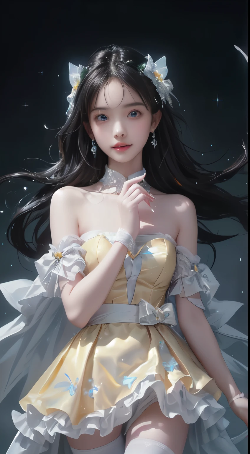 strapless dress,bow, yellow dress,white thighhighs,blue ribbon, laser,leishe, fluorescent color , 1 Girl, Look to the side, Pretty Face, beautiful eyes, ((Bare shoulders)), ((cowboy shot)), shiny hair , Glowing skin, Reduce glare emissions, The fingers are in good proportion, dark, View, Dynamic angle, (((Main part))), (((Better quality))), ((Super detailed)), (illustration), (Detail Light), ((Extremely exquisite and beautiful)), Dramatic_shadow, Rays_track, reflection, Ultra-high resolution, A woman walking in a dark place,Sparkling snowflakes and small light spots around, Your black hair flutters in the wind, Bright green eyes looking at red tulips,There are shining butterflies around., Black-haired woman, Woman in a dark place,Snowflakes full of light and sparkle, shining butterflies, Black-haired woman, Points of light around a woman, Magic aura, Green eyes, A supernatural aura, super Magic aura black hair woman