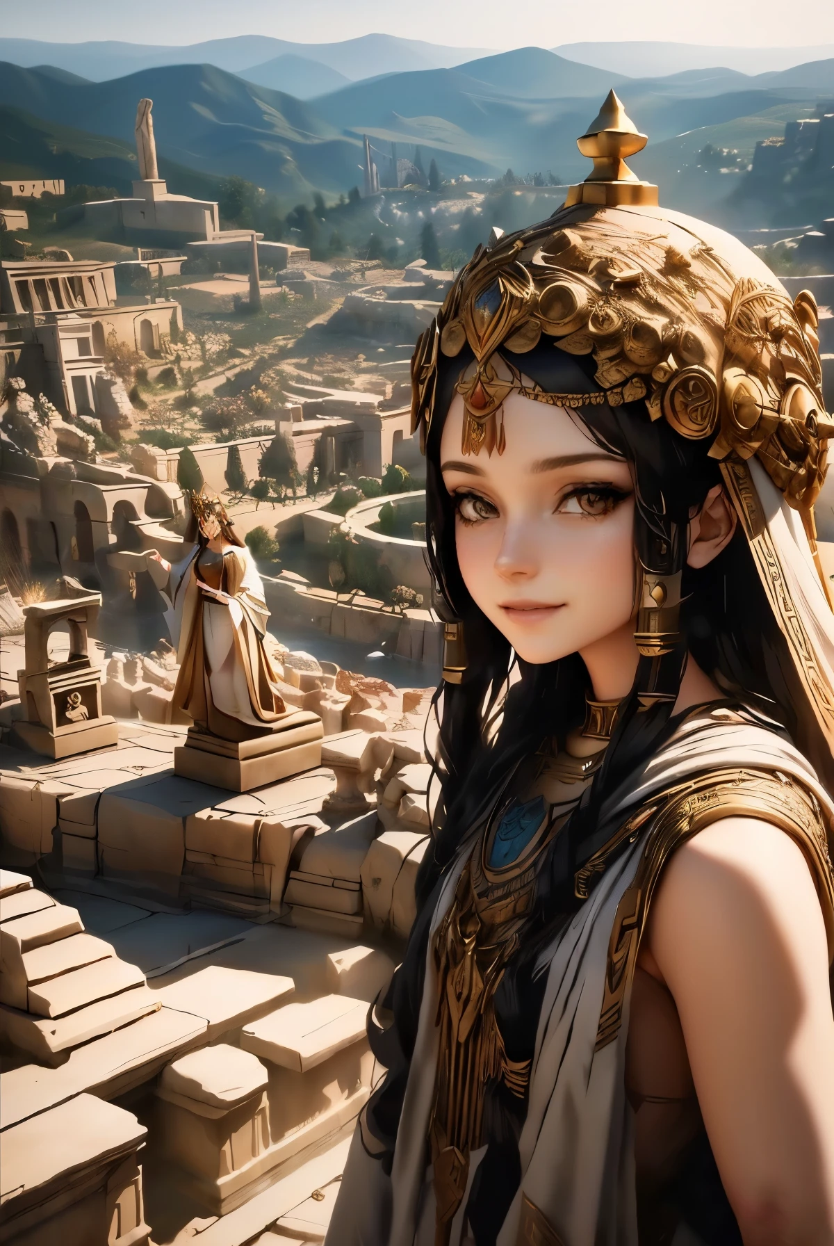 a woman with a golden headdress is standing on a stone platform, ancient roman princess, a beautiful fantasy empress, girl in roman ruins, anime goddess, detailed render by unreal engine 5, quality by unreal engine 5, the goddess artemis smiling, latin goddess venus, dramatic render by unreal engine 5