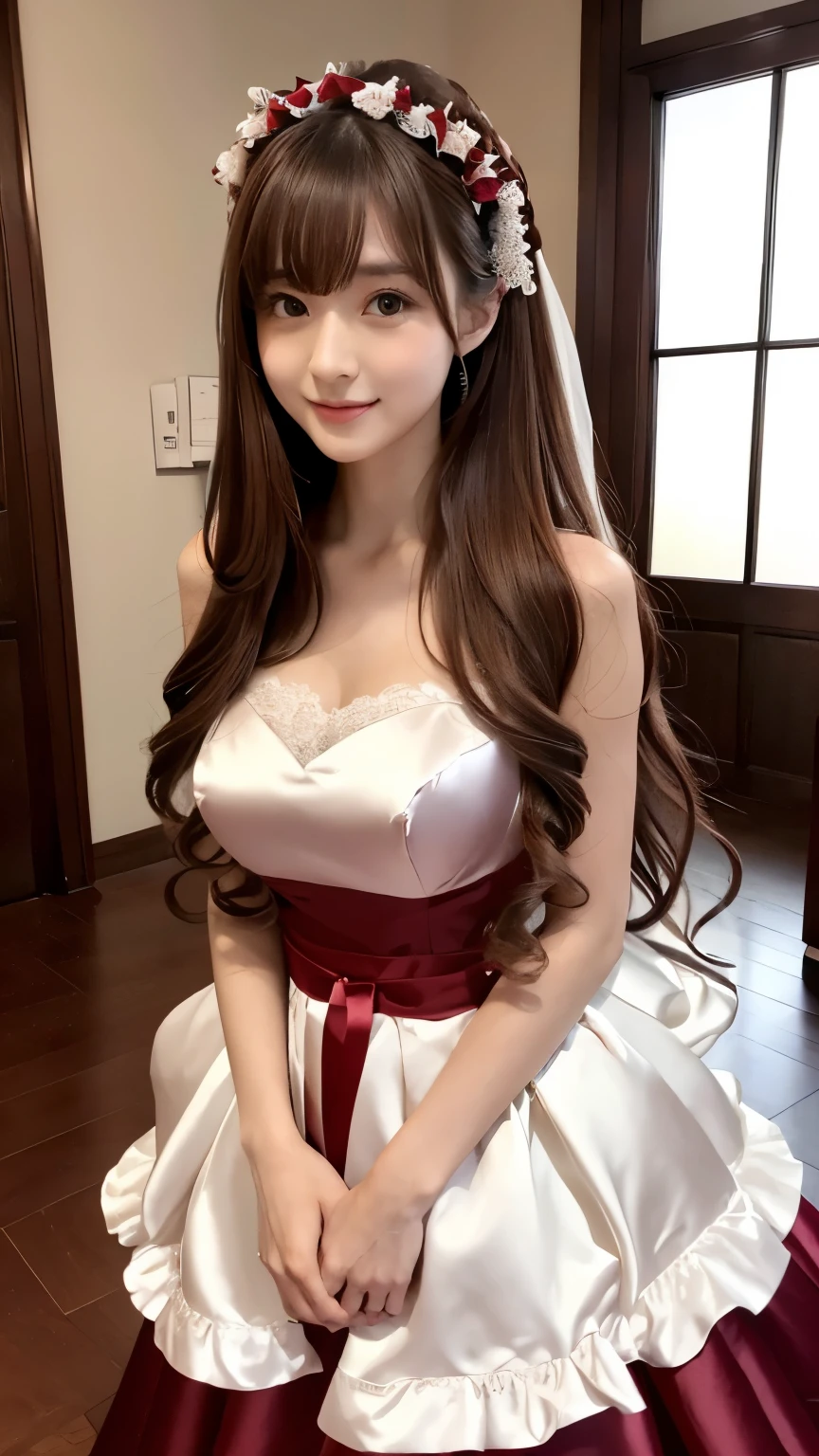  Korean with long red hair, white gown, Selfie