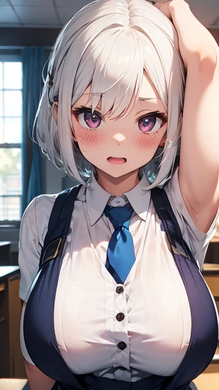(throw_hand, pink vibrator remote switch in throw_hand, throw:1.2), highest quality, Super detailed, masterpiece, Ultra-high resolution, 8k, Ridiculous, Cowboy Shooting, Blurred, One girl, Focus on the girl, Embarrassing, blush, Lovely, With tears in her eyes and her mouth open, What saliva leaves behind, Wet skirt hem, (Sticky panties:1.1), (Light blue striped underwear), Bulging of the vibrator cord, Vibrator with Garters, (white hair, pink eyes, short hair, straight hair, nekomimi), (medium breasts), (school uniform), (cleavage), Sit on a chair, Classroom Background, (black stockings), (Thighs), (Waistline)