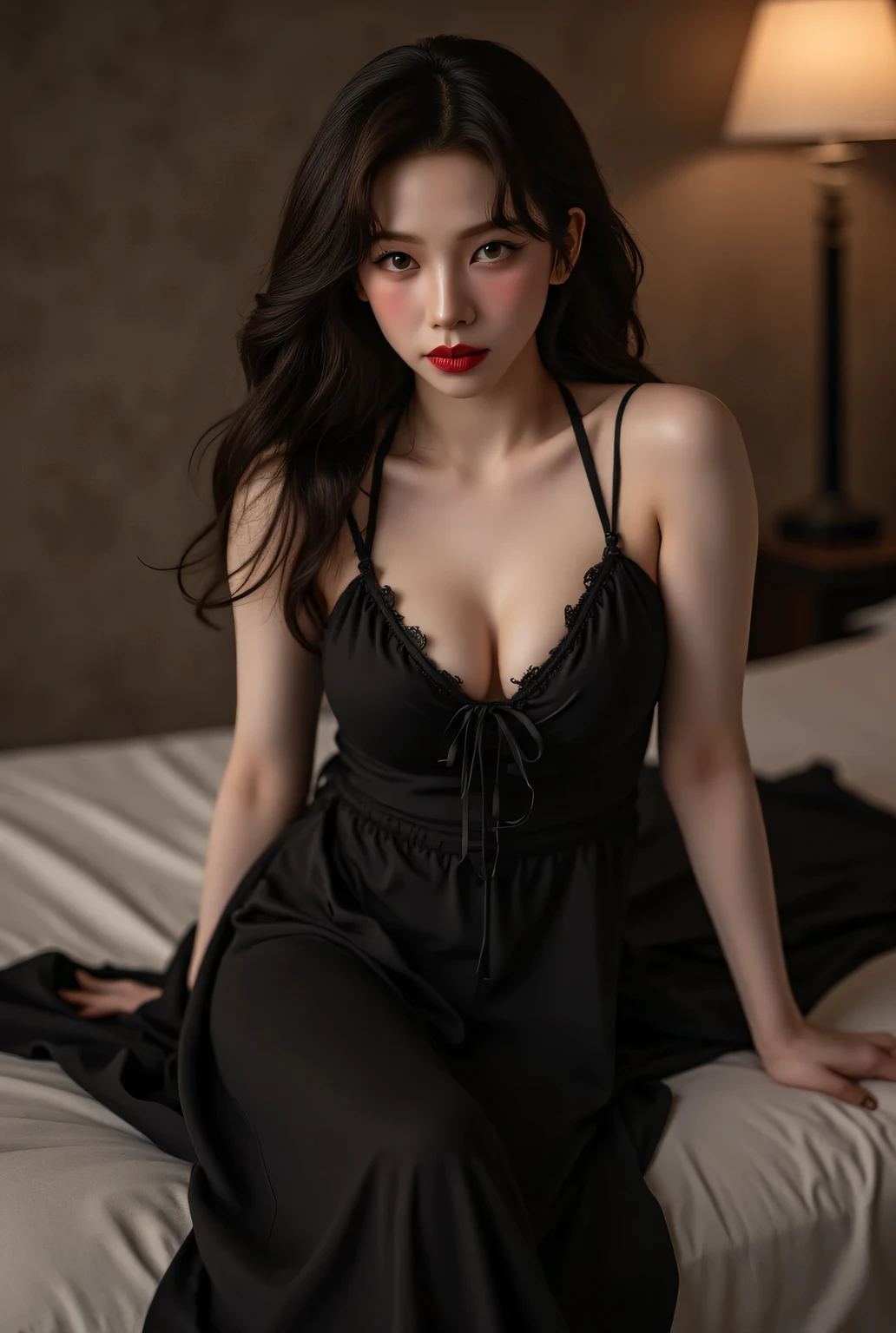 an office lady, sitting pulled over on the mattress leaning with both hands, wearing a long black toe-length nightgown, flaming red lips , big boobs