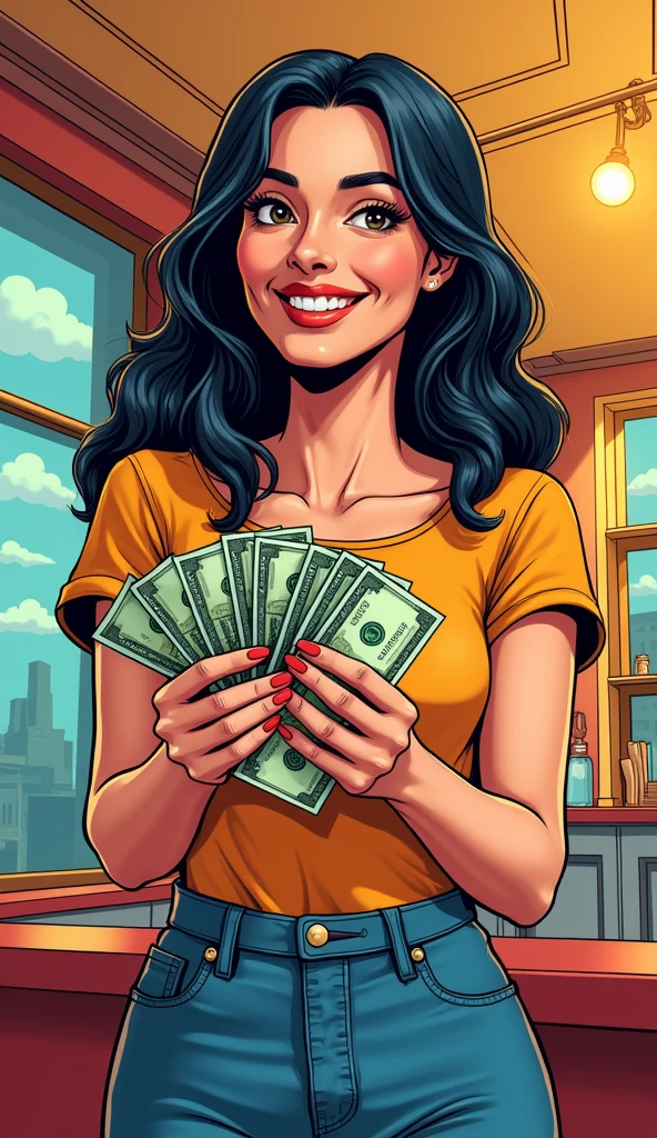 
bearded woman beautiful shaggy beard, black hair, brown eyes, eyeliner, proud smile, seductive look, hold a load of dollar bills
