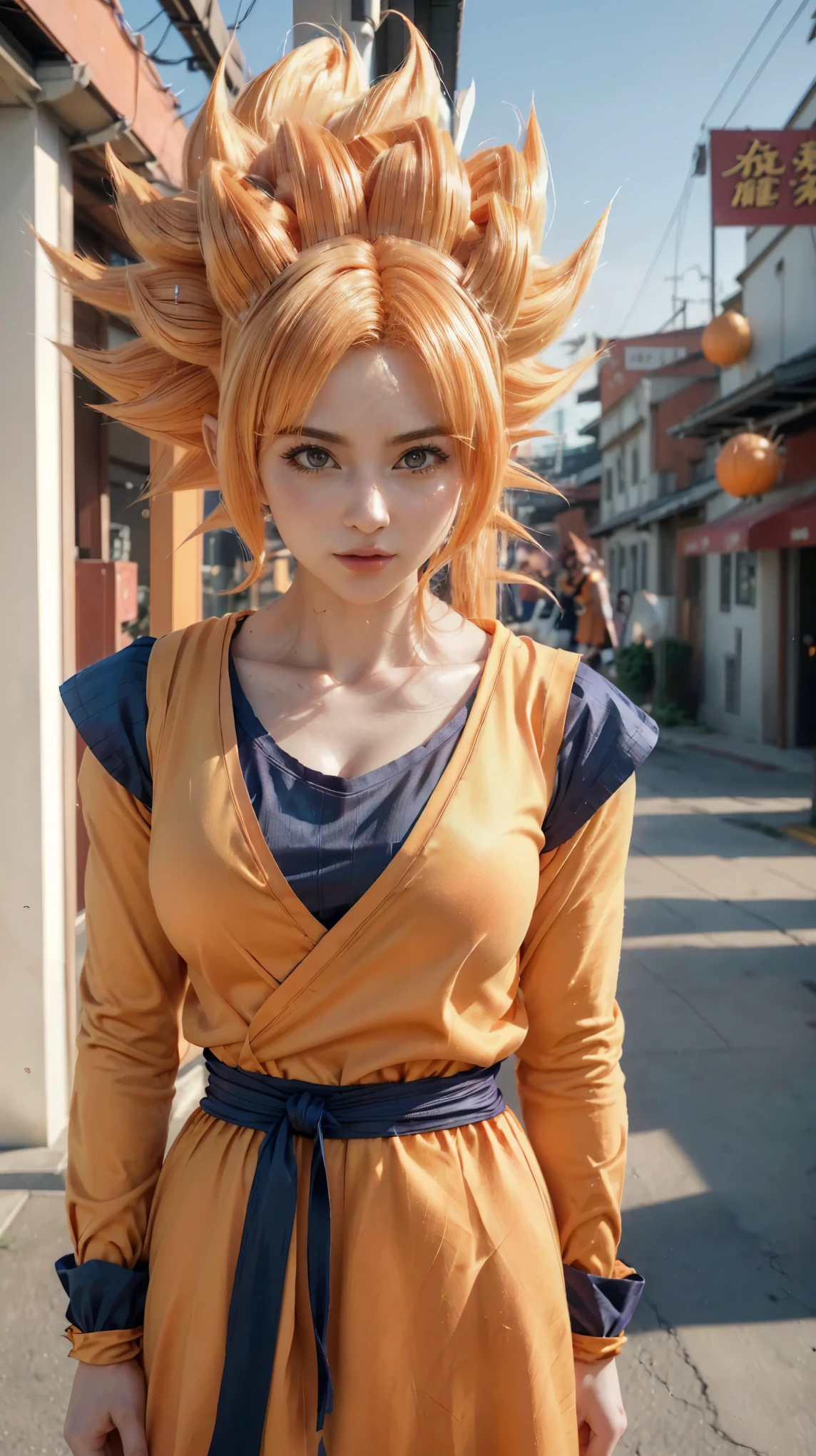 a close up of a woman in a dress with a dragon on her head, saiyan girl, female goku, anime girl in real life, anime cosplay, character dragonball, anime girl cosplay, full-cosplay, hyper realistic anime, realistic anime 3 d style, professional cosplay, human goku, photorealistic human goku, realistic cosplay, goku from dragon ball
