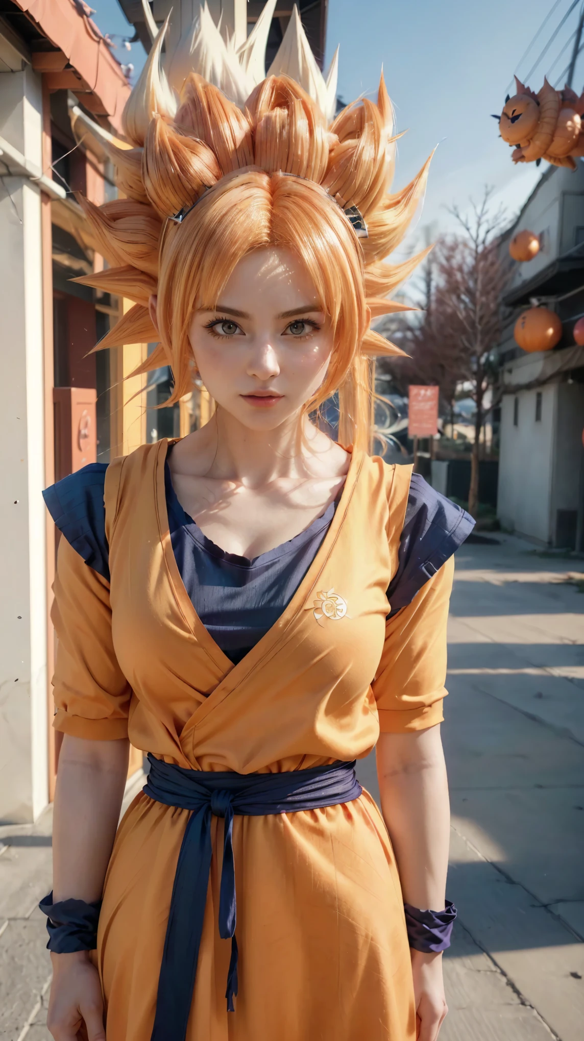 a close up of a woman in a dress with a dragon on her head, saiyan girl, female goku, anime girl in real life, anime cosplay, character dragonball, anime girl cosplay, full-cosplay, hyper realistic anime, realistic anime 3 d style, professional cosplay, human goku, photorealistic human goku, realistic cosplay, goku from dragon ball