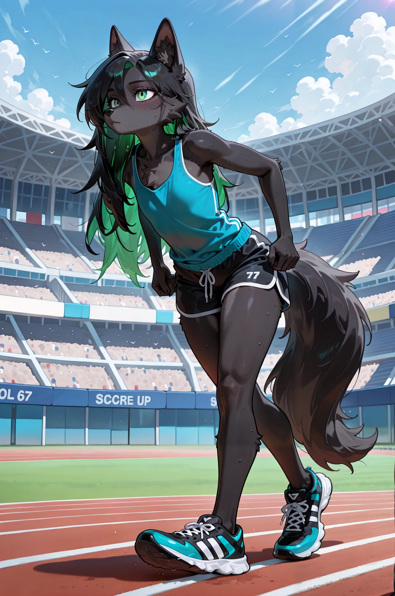 masterpiece quality, (from front:1.1), (solo, 1 female wolf anthro), (dark black fur:1.25), perfect anatomy, medium long hair, green eyes, adult, dignified, cool, boyish, beautiful, fluffy, furry features, tall, slender, flat chest, full body, (sky blue tank top, black shorts, deep blue running shoes), concentrated, at stadium, preparing exercise, on track course