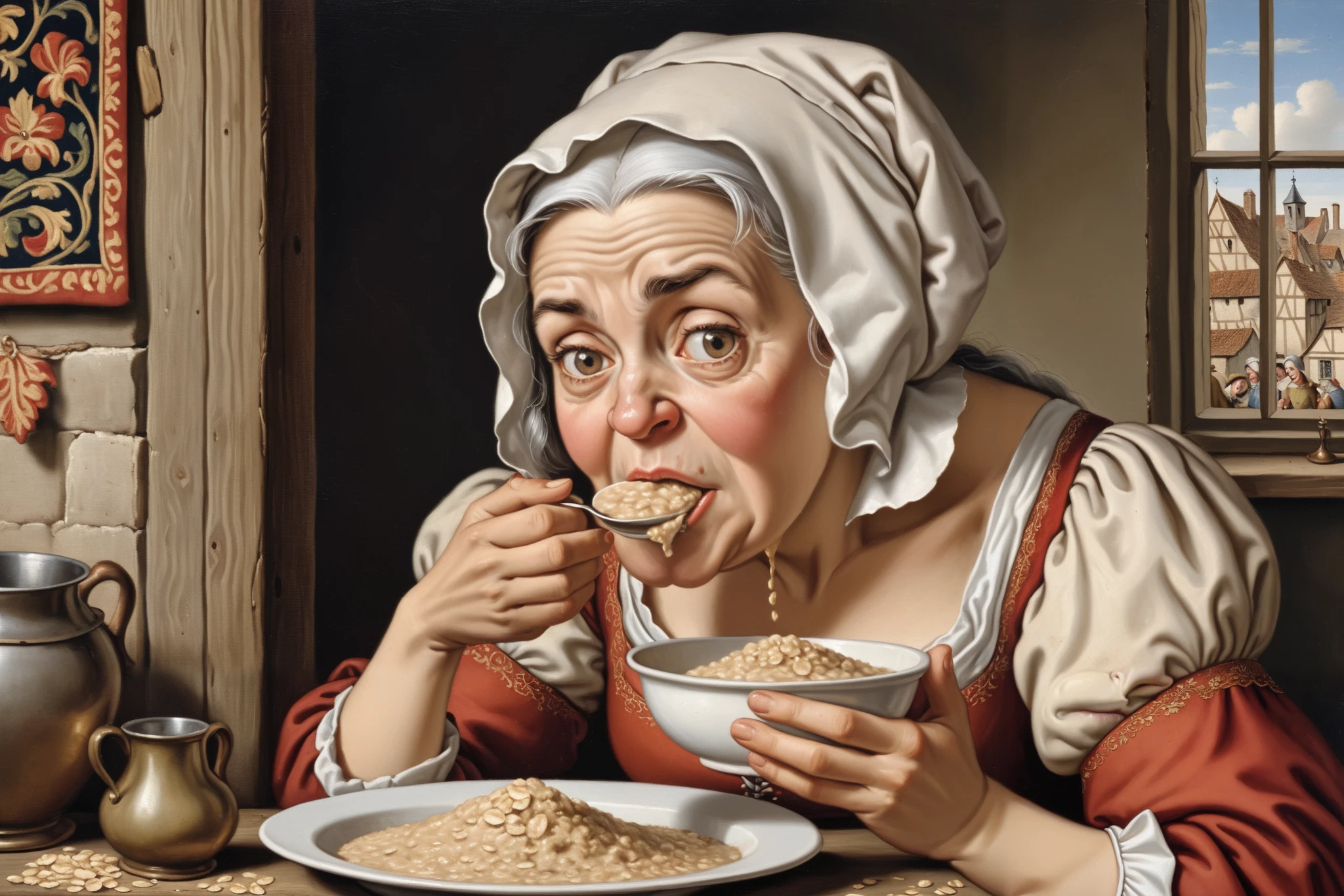I can see a little magic , Medieval material style, hyperrealism, 1700s, indoor, more details,France,A grumpy woman is slurping oatmeal, only 1 character