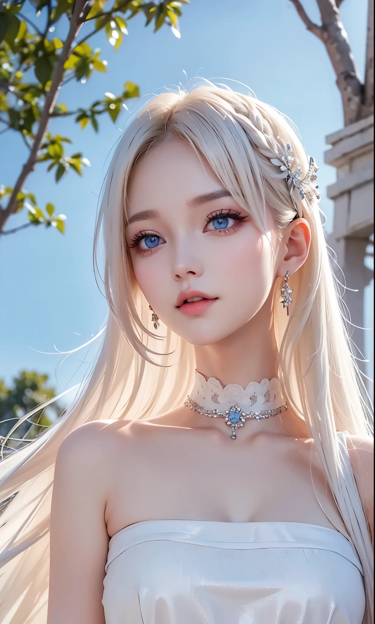 Beautiful white radiant skin, unparalleled beauty, bright, fresh and gentle expression, perfect beautiful cute face, shiny platinum blonde silk super long straight hair, beautiful shiny bangs, very beautiful and beautiful girl, eyeliner, very perfect and beautiful, big clear sky blue eyes, very beautiful bright eye highlights:1.6, ((1girl, solo)), side face, cool girl face, beautiful eyes, face type, reika