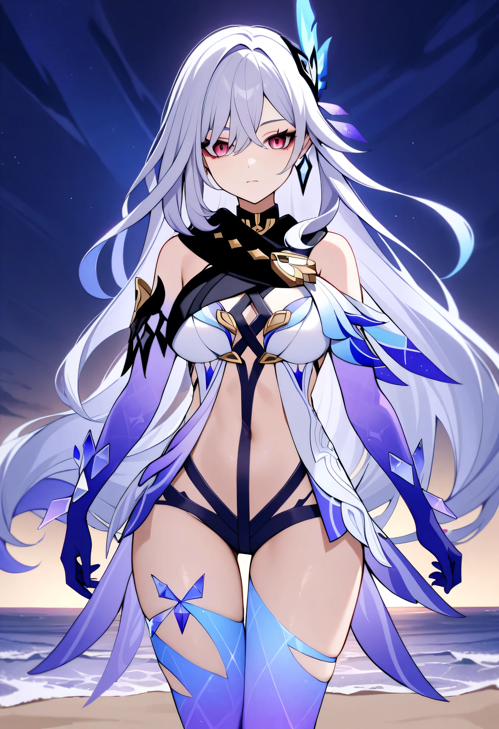 skirk \(genshin impact\), genshin impact, 1girl, solo, breasts, long hair, gloves, thighhighs, looking at viewer, elbow gloves, bangs, hair ornament, jewelry, blue gloves, grey hair, earrings, thighs, blue thighhighs, purple eyes, long hair, hair between eyes, bikini, red eyes, standing, closed mouth, beach, night,
masterpiece, best quality, very aesthetic, absurdres
