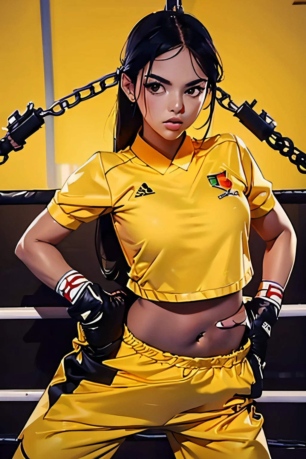 full-length photo . beautiful girl . 20 years . Romanian . Height 173 centimeters . chest size 2 . black hair . brown eyes . Wearing a training uniform . Boxing match against another woman .