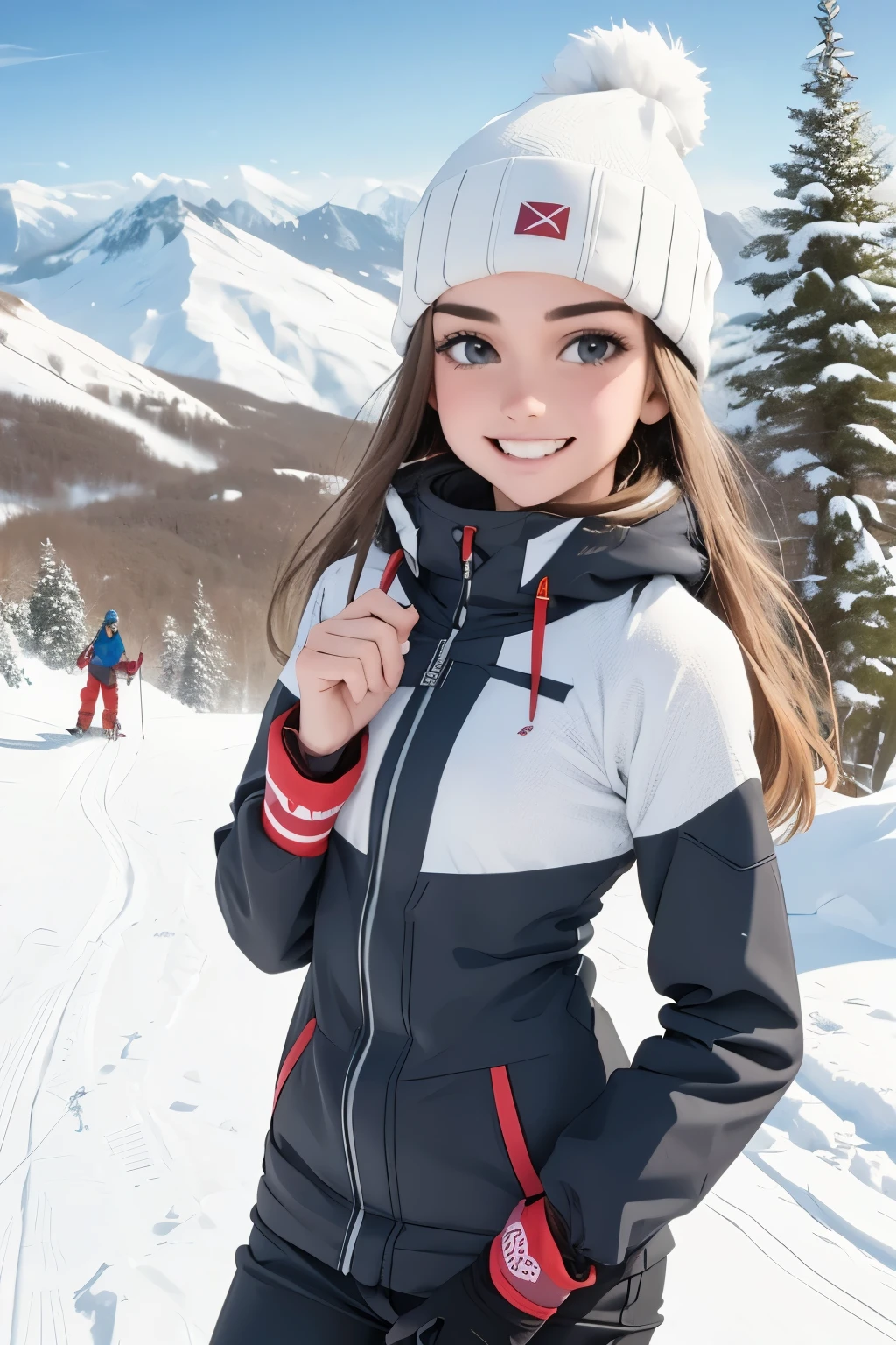 beautiful girl, on a ski slope getting ready to go down a snowy slope, very happy, happy moments. winter clothes as a skier, beautiful winter landscape